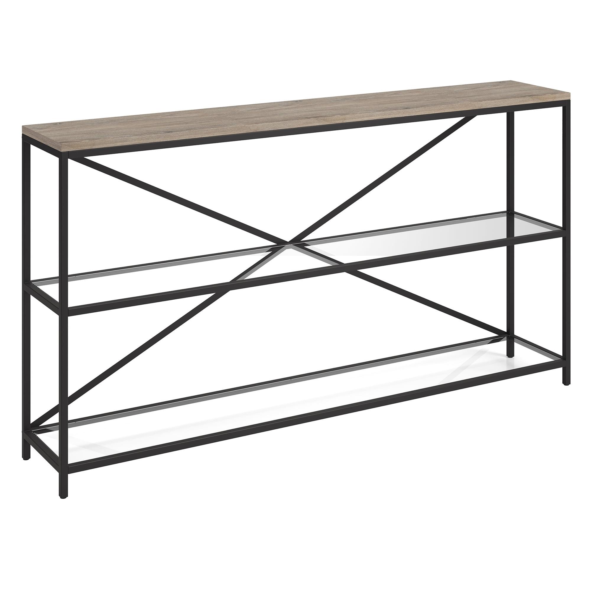 Fionn Blackened Bronze & Antiqued Gray Oak 55" Console Table with Glass Shelves