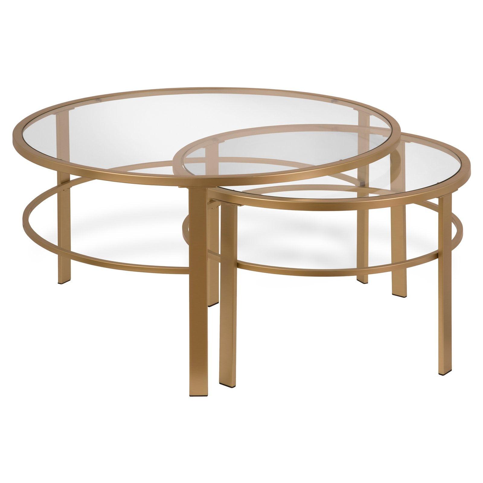 Gaia Brass Round Nesting Coffee Table Set with Tempered Glass Tops