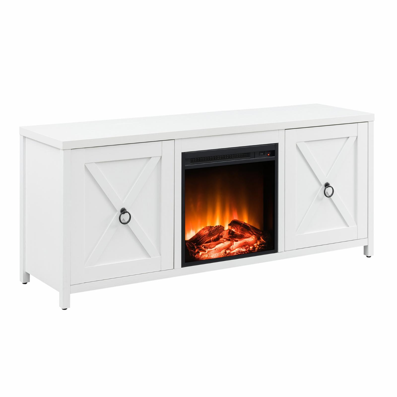 Modern Farmhouse White TV Stand with Electric Fireplace and Storage Cabinet