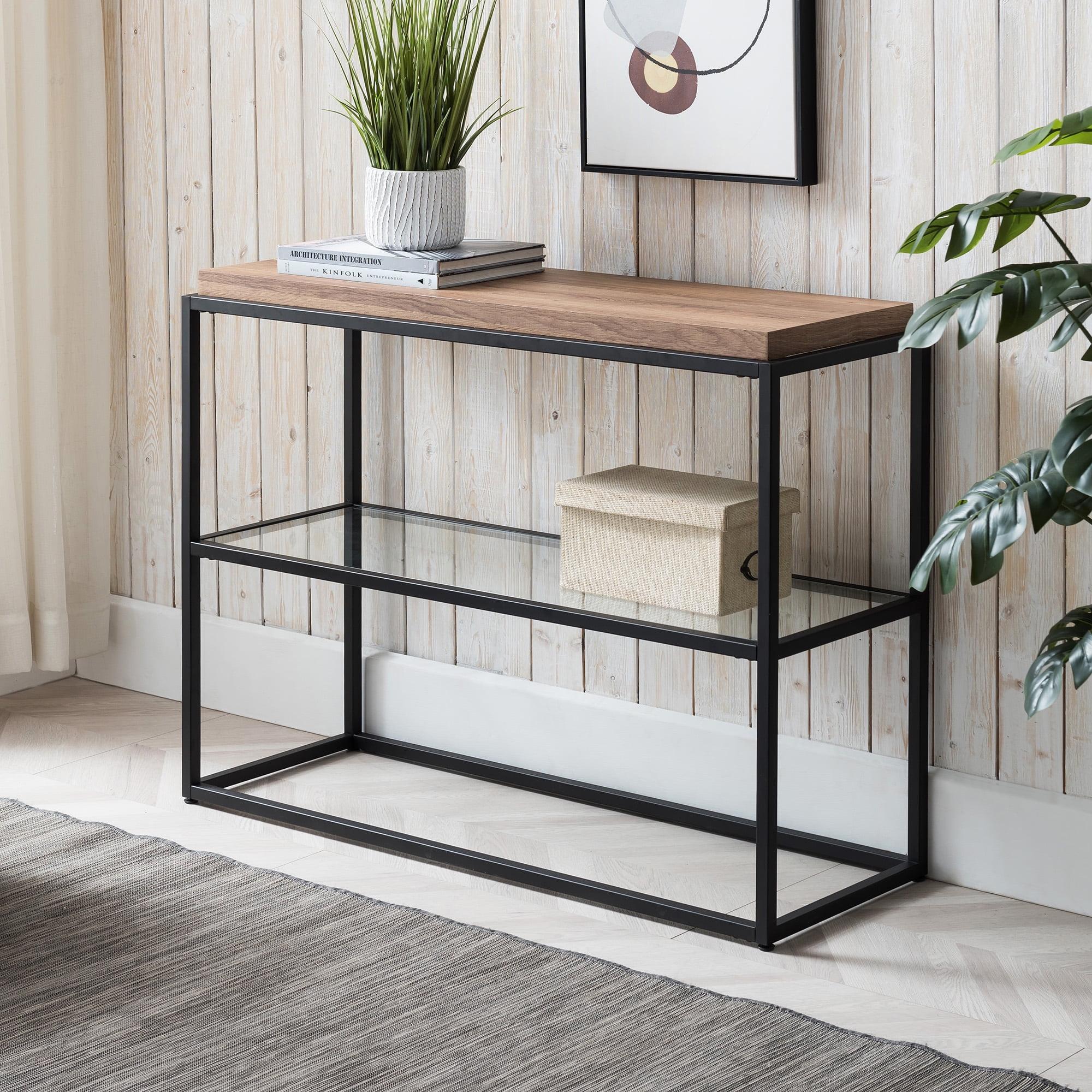 Hector Blackened Bronze and Rustic Oak Console Table with Glass Shelf