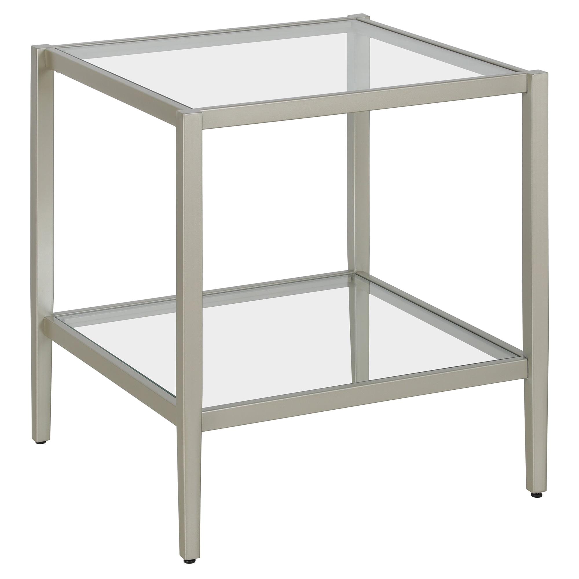 Evelyn&Zoe Hera 20" Wide Square Side Table with Glass Shelf, Satin Nickel