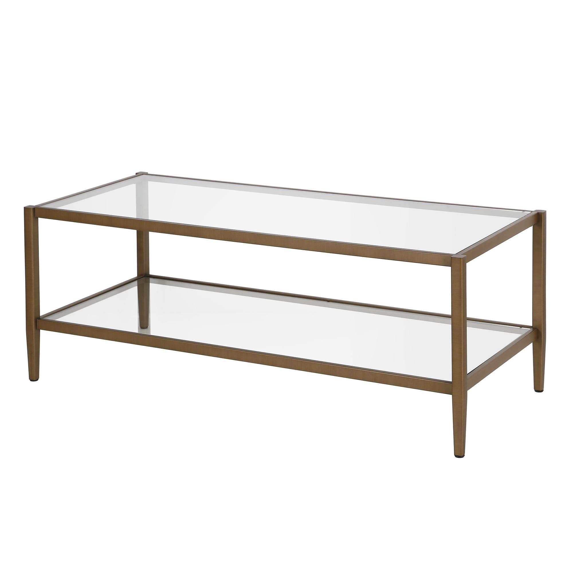 Evelyn&Zoe Hera 45" Wide Rectangular Coffee Table with Glass Shelf, Antique Brass