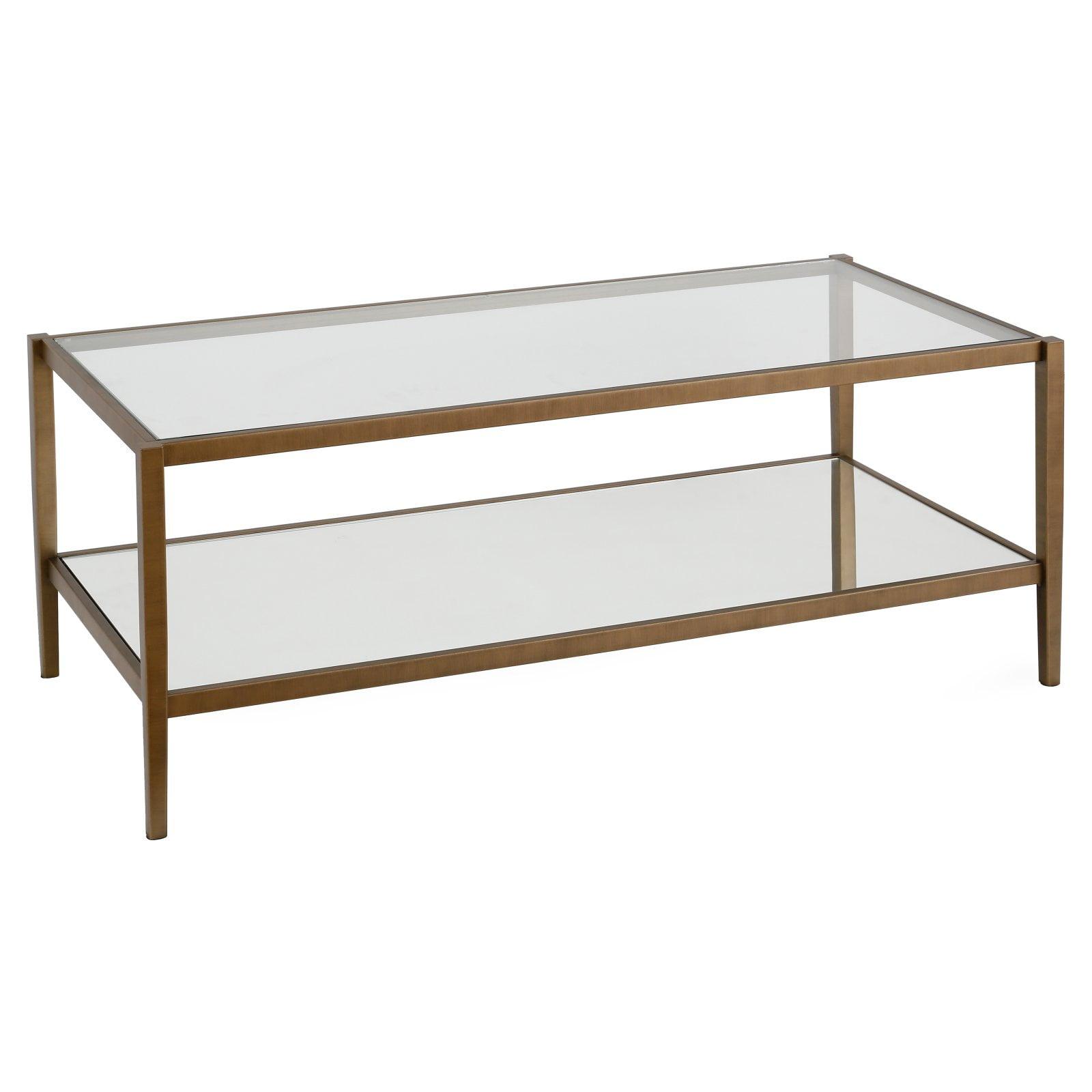 Modern Rectangle Coffee Table in Brass and Gold with Mirrored Shelf - Henn&Hart