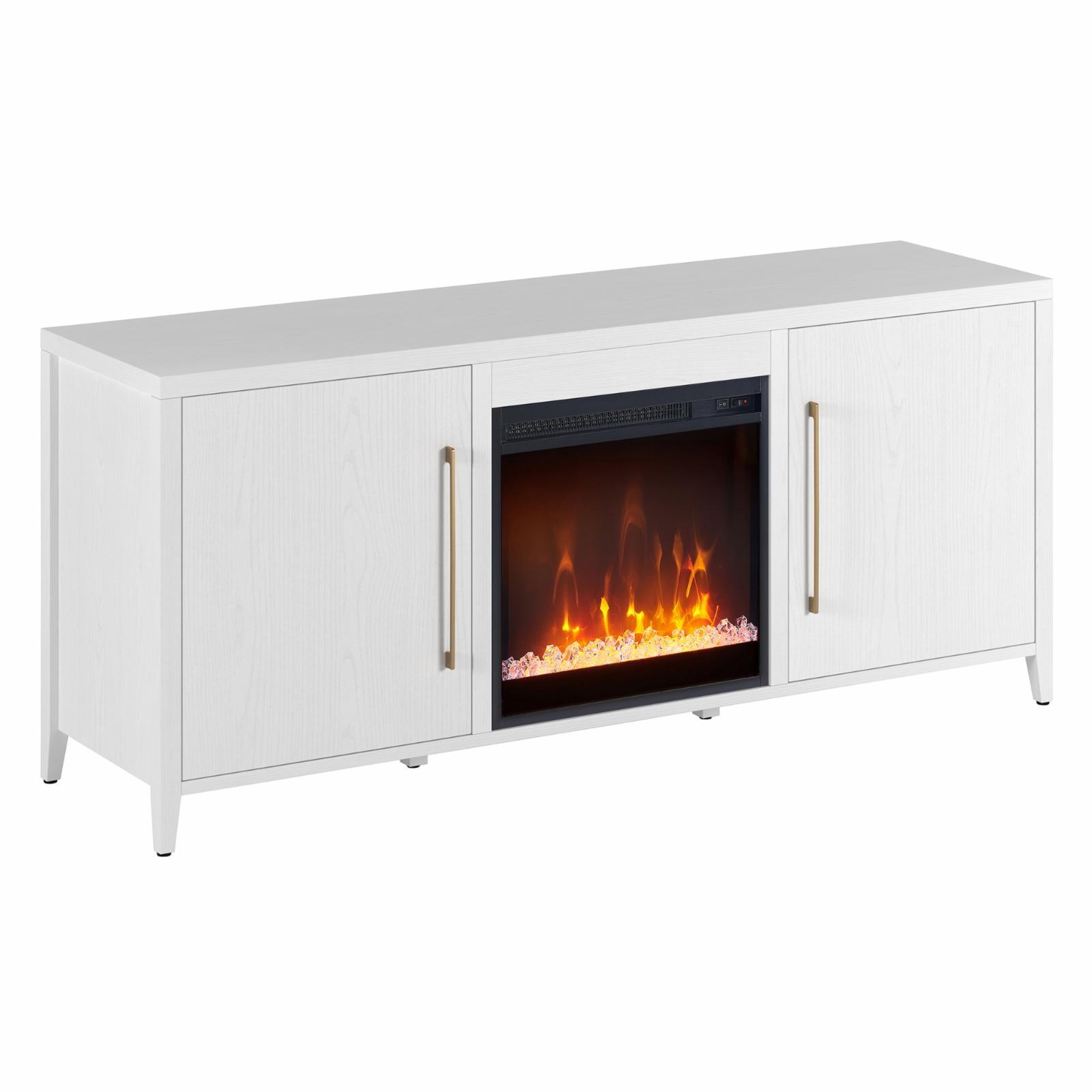 White MDF TV Stand with Crystal Fireplace and Storage Cabinets