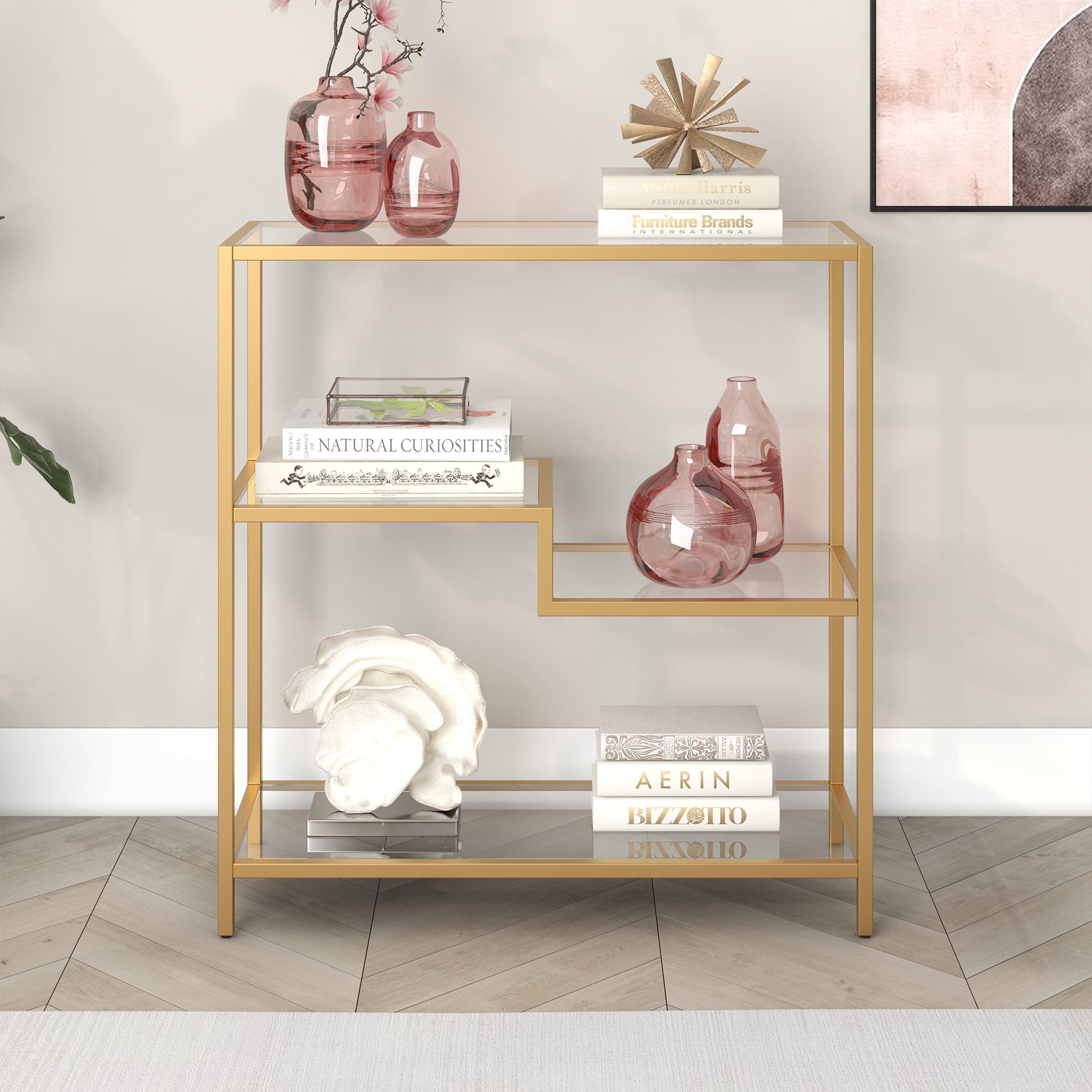 Staggered Gold-Tone 36" Tall Tempered Glass Bookcase