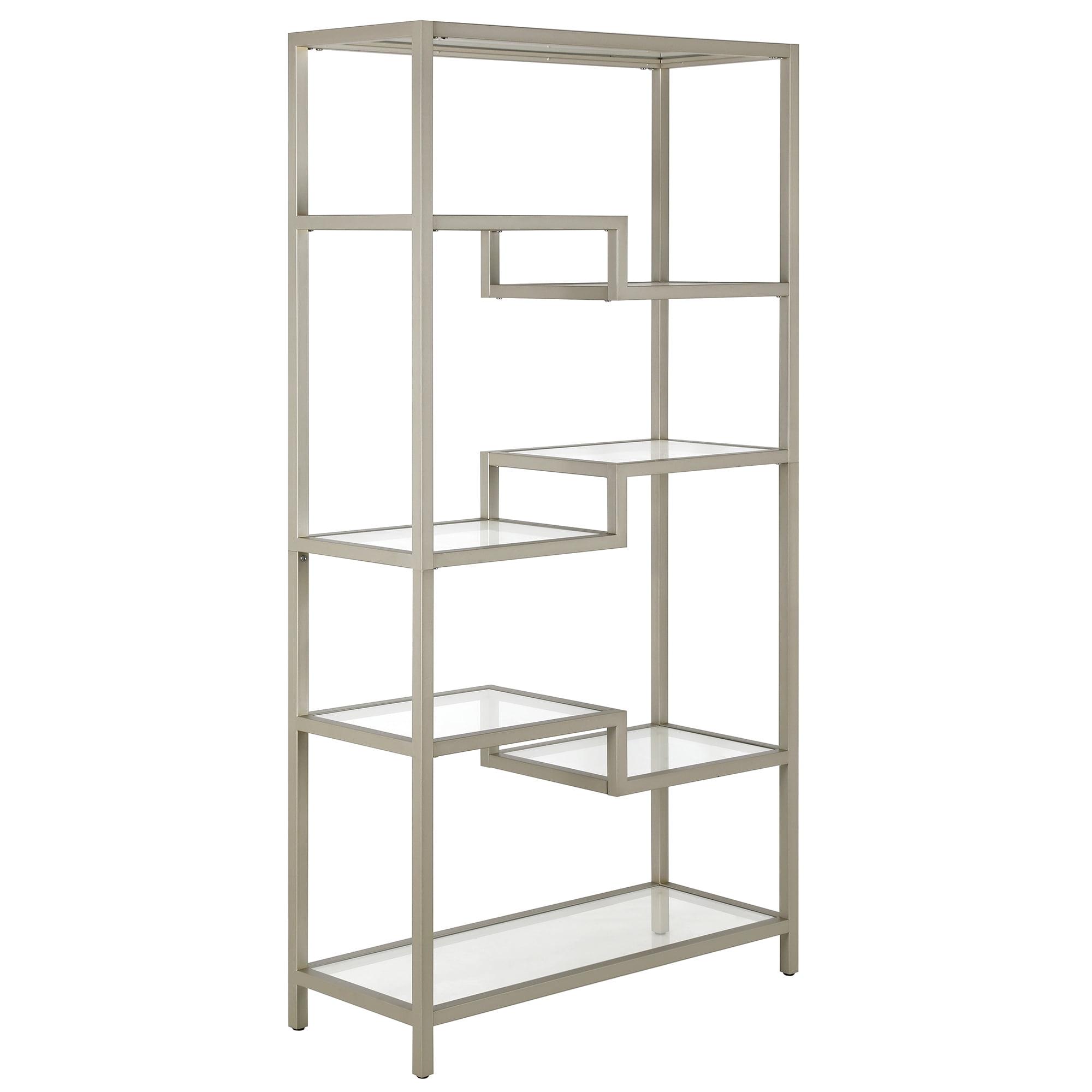 Johann Modern 68" Satin Nickel Metal and Tempered Glass Bookcase