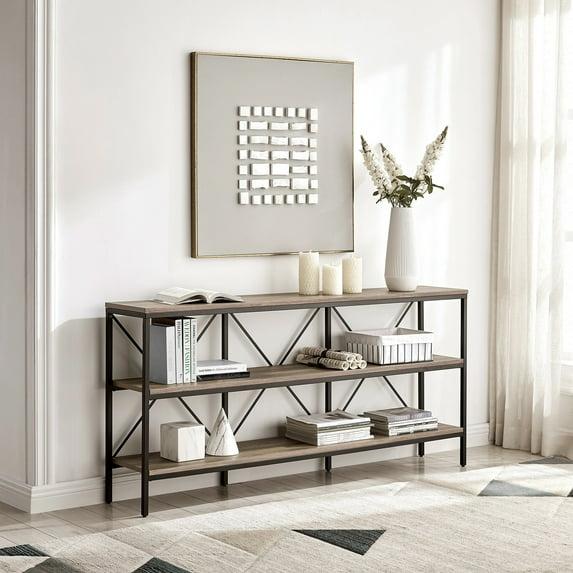 Evelyn&Zoe Kira 64" Wide Rectangular Console Table, Blackened Bronze/Antiqued Gray Oak