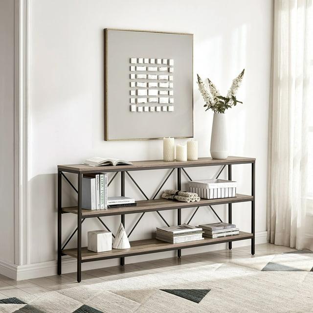 Evelyn&Zoe Kira 64" Wide Rectangular Console Table, Blackened Bronze/Antiqued Gray Oak