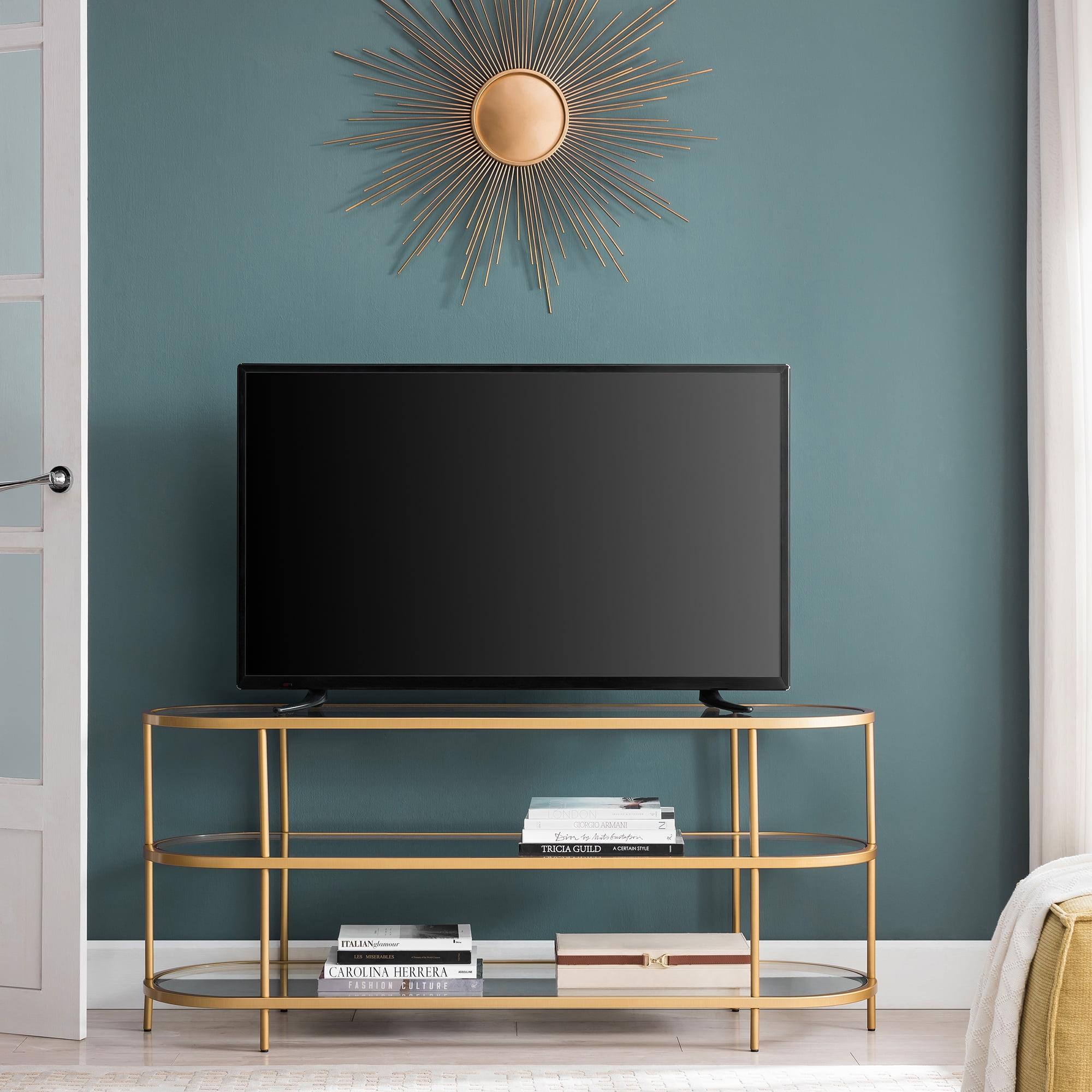 Modern Brass Oval TV Stand with Tempered Glass Shelves