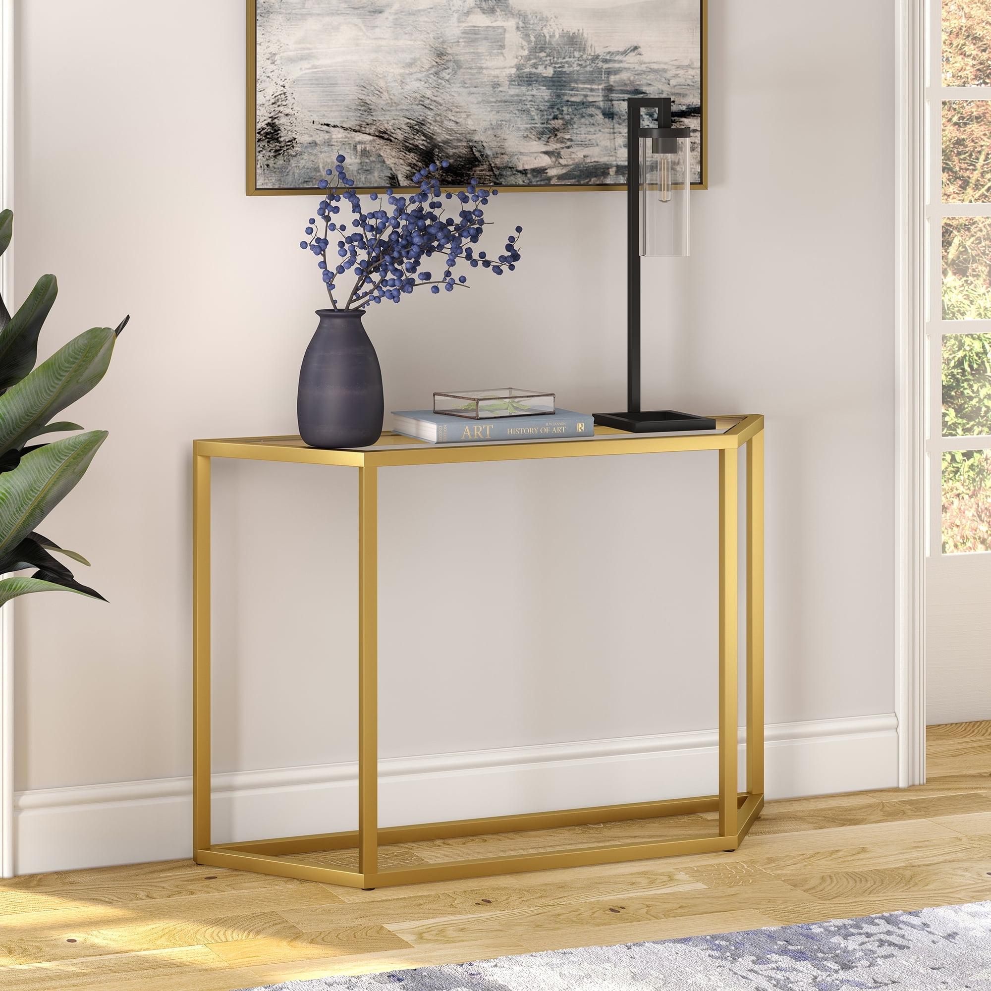 Levi 44" Brass Metal & Tempered Glass Console Table with Shelf