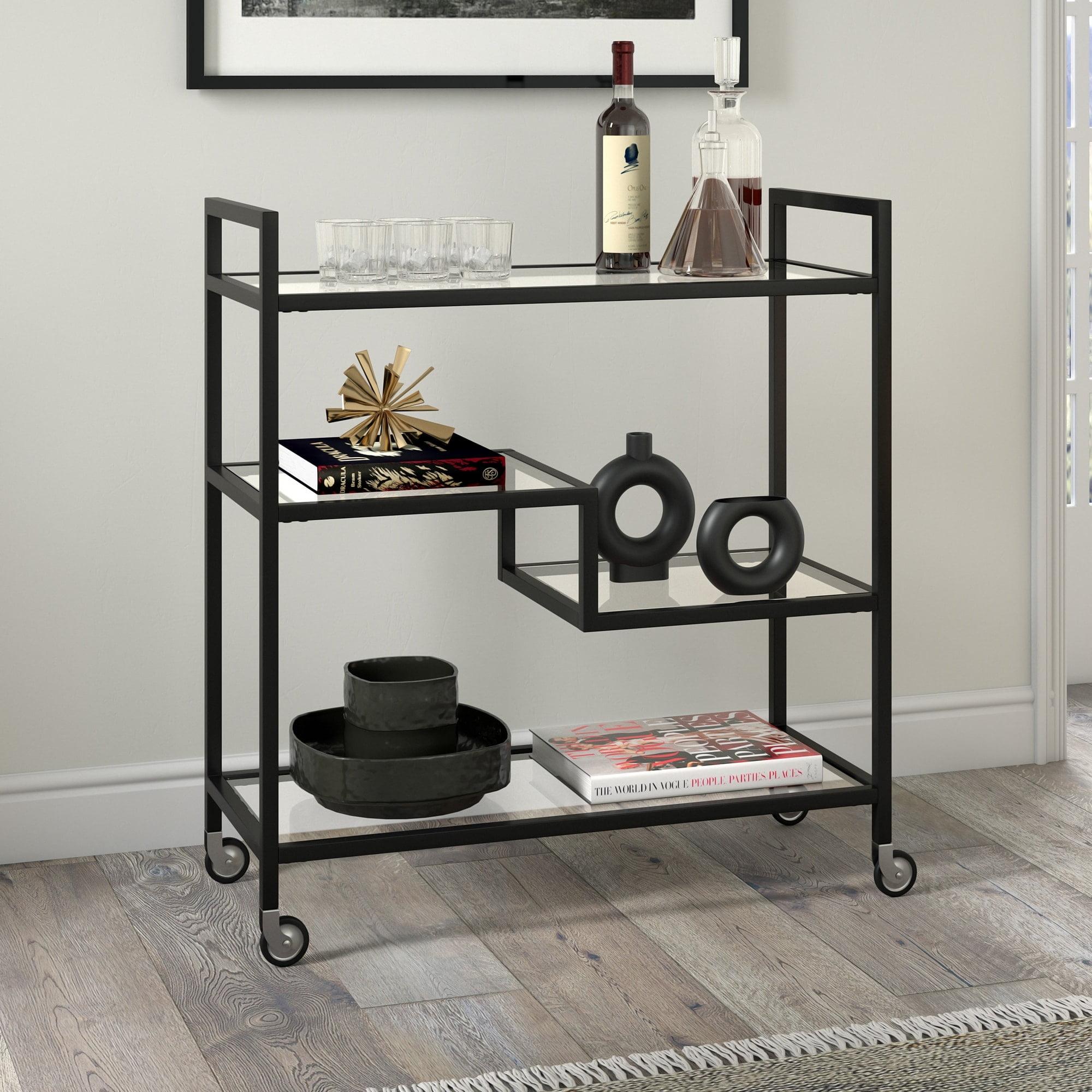 Evelyn&Zoe Lovett 33" Wide Rectangular Bar Cart with Glass Shelves, Blackened Bronze