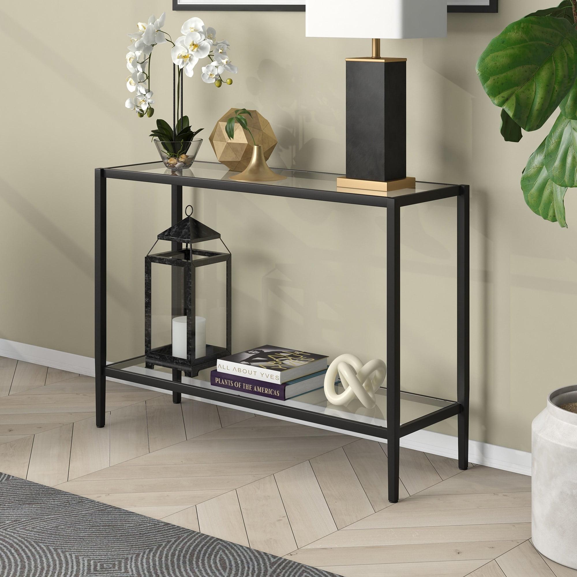 Blackened Bronze Glass Console Table with Storage Shelf