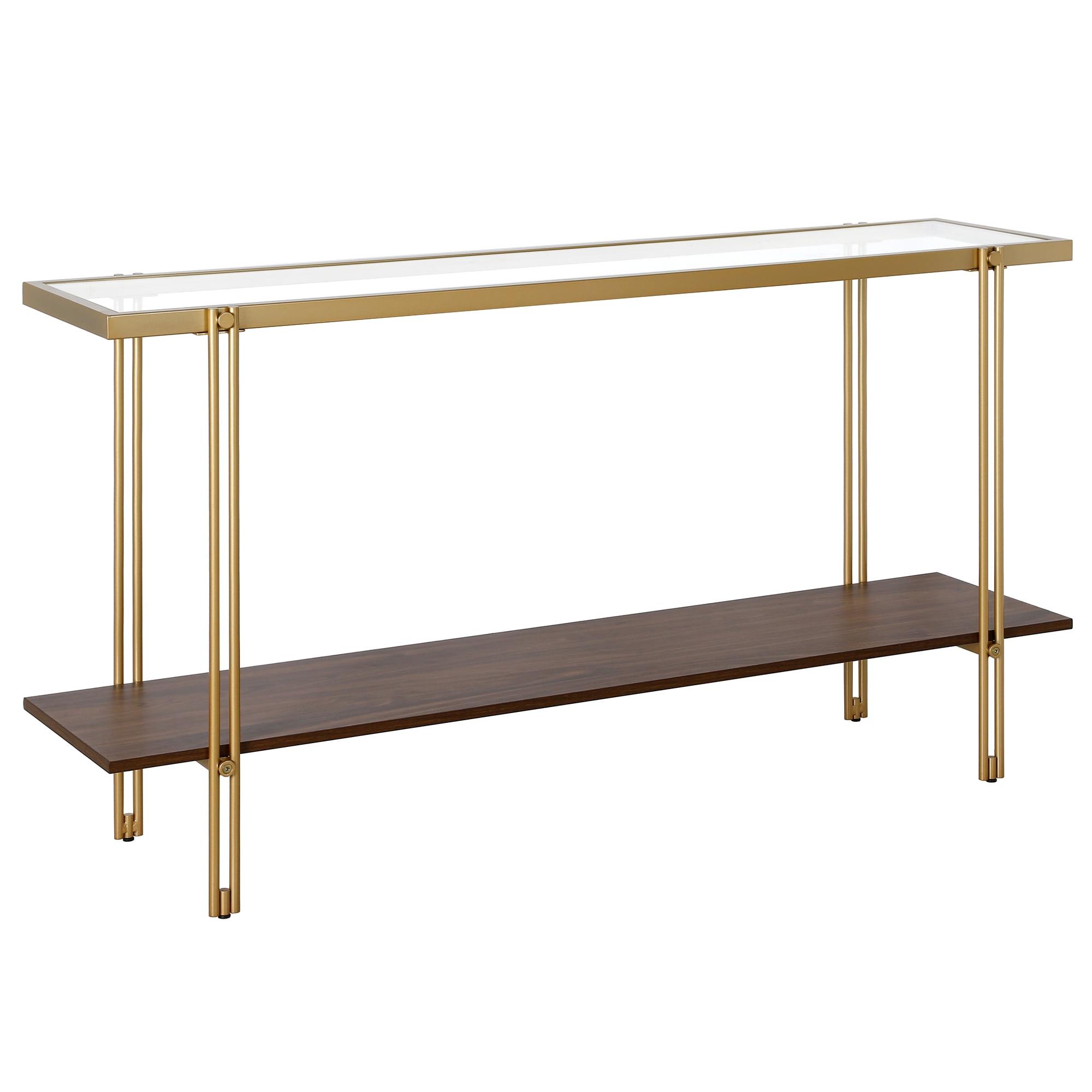 55" White Walnut and Brass Hallway Table with Storage