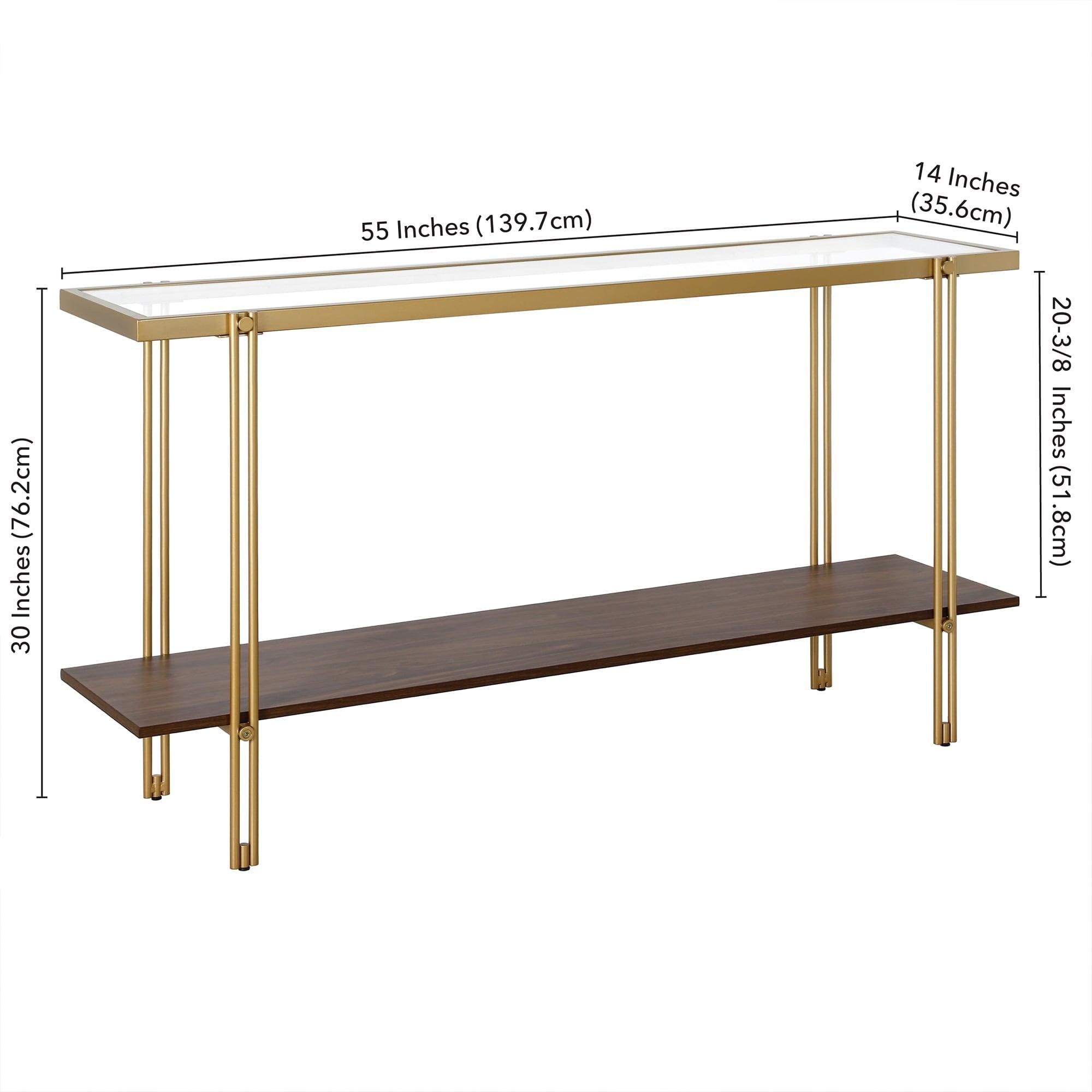 55" White Walnut and Brass Hallway Table with Storage