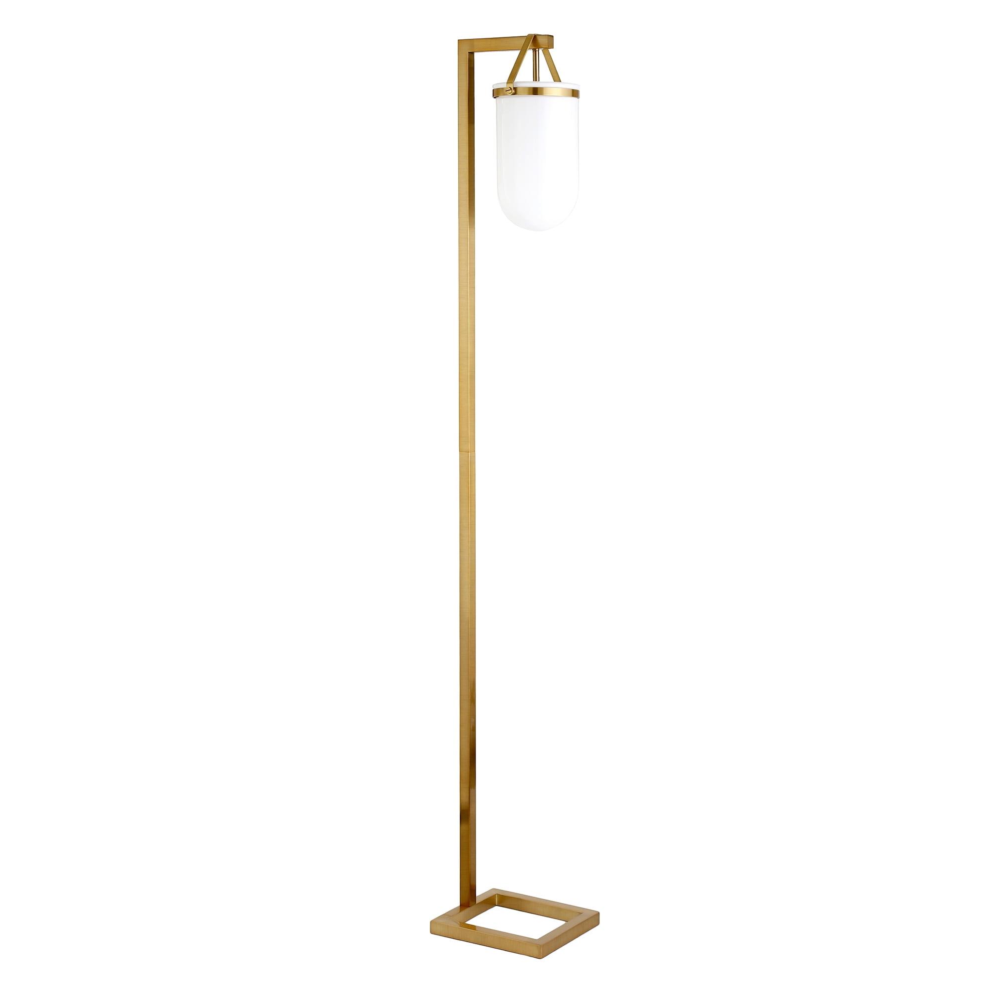 Angular Brass Floor Lamp with White Milk Glass Shade - 68" Tall