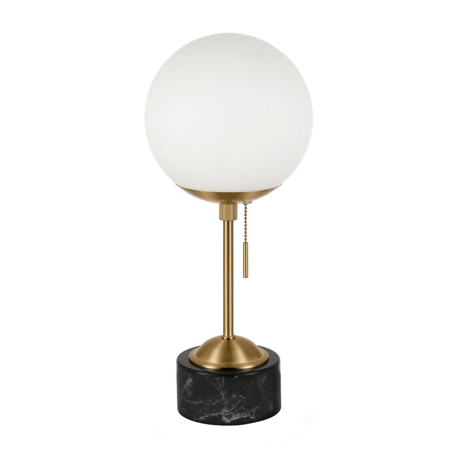 Reagan Art Deco Brass & Black Marble Table Lamp with White Globe Shade