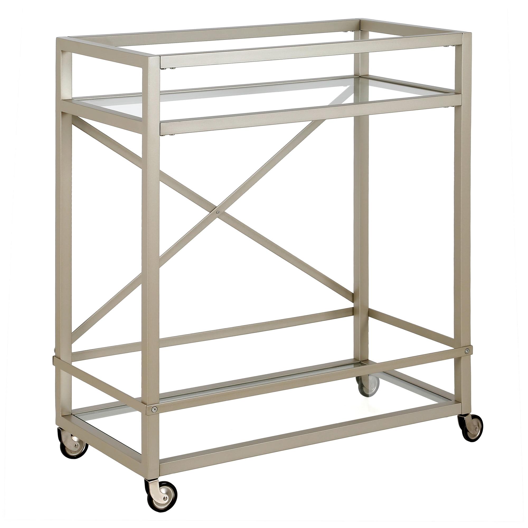 Contemporary Silver 2-Tier Bar Cart with Glass Shelves and Metal Frame