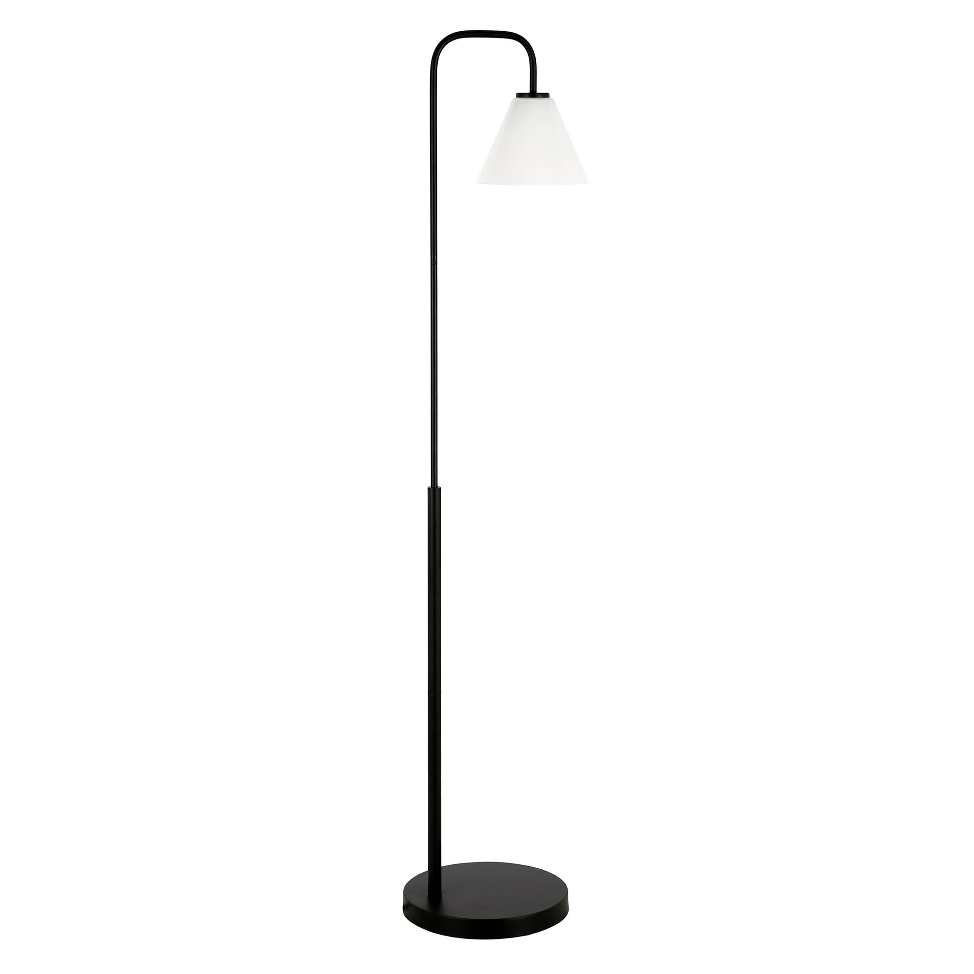 Henderson Voice-Controlled Blackened Bronze Arc Floor Lamp with White Milk Glass Shade
