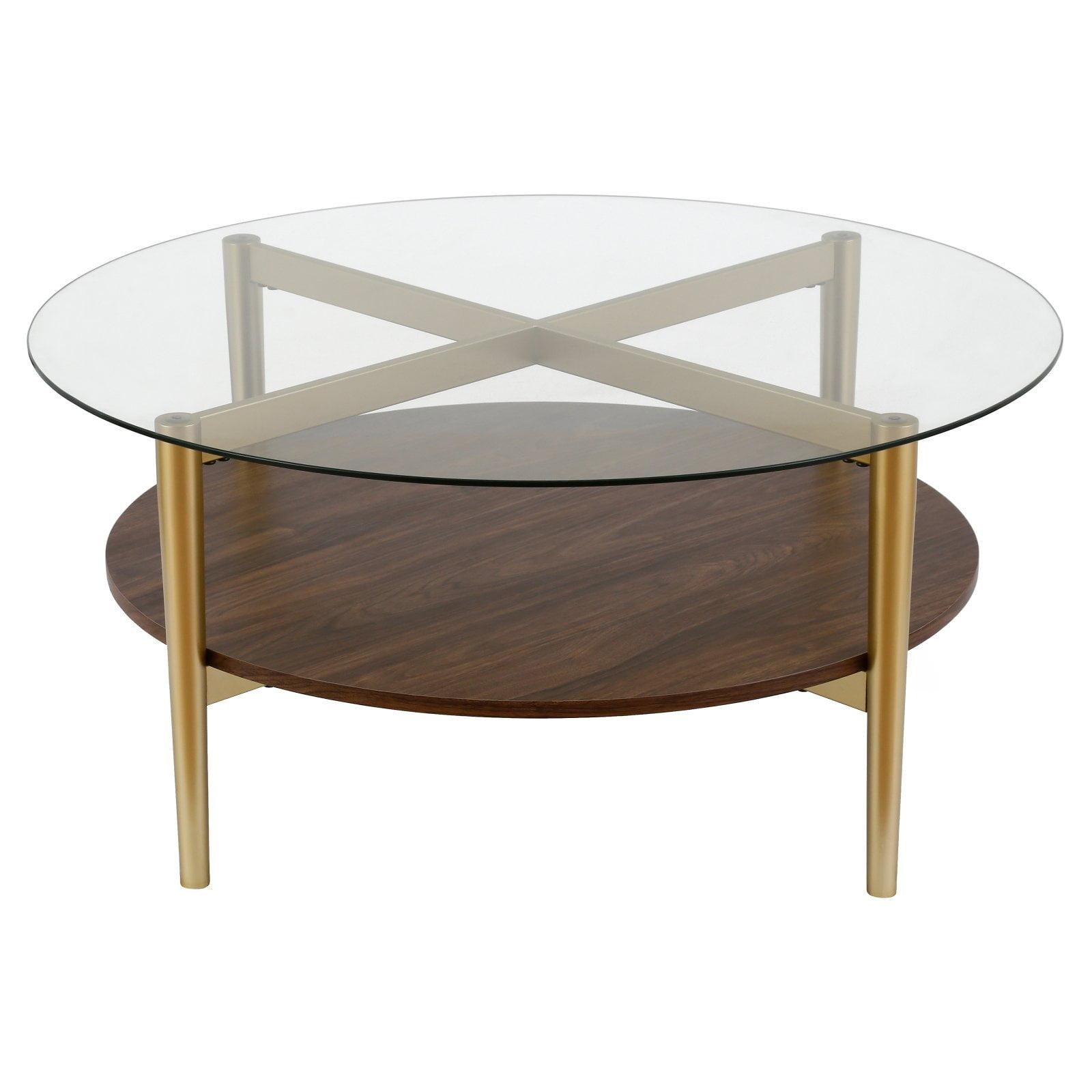 Mid-Century Gold & Walnut 36" Round Coffee Table with Glass Top