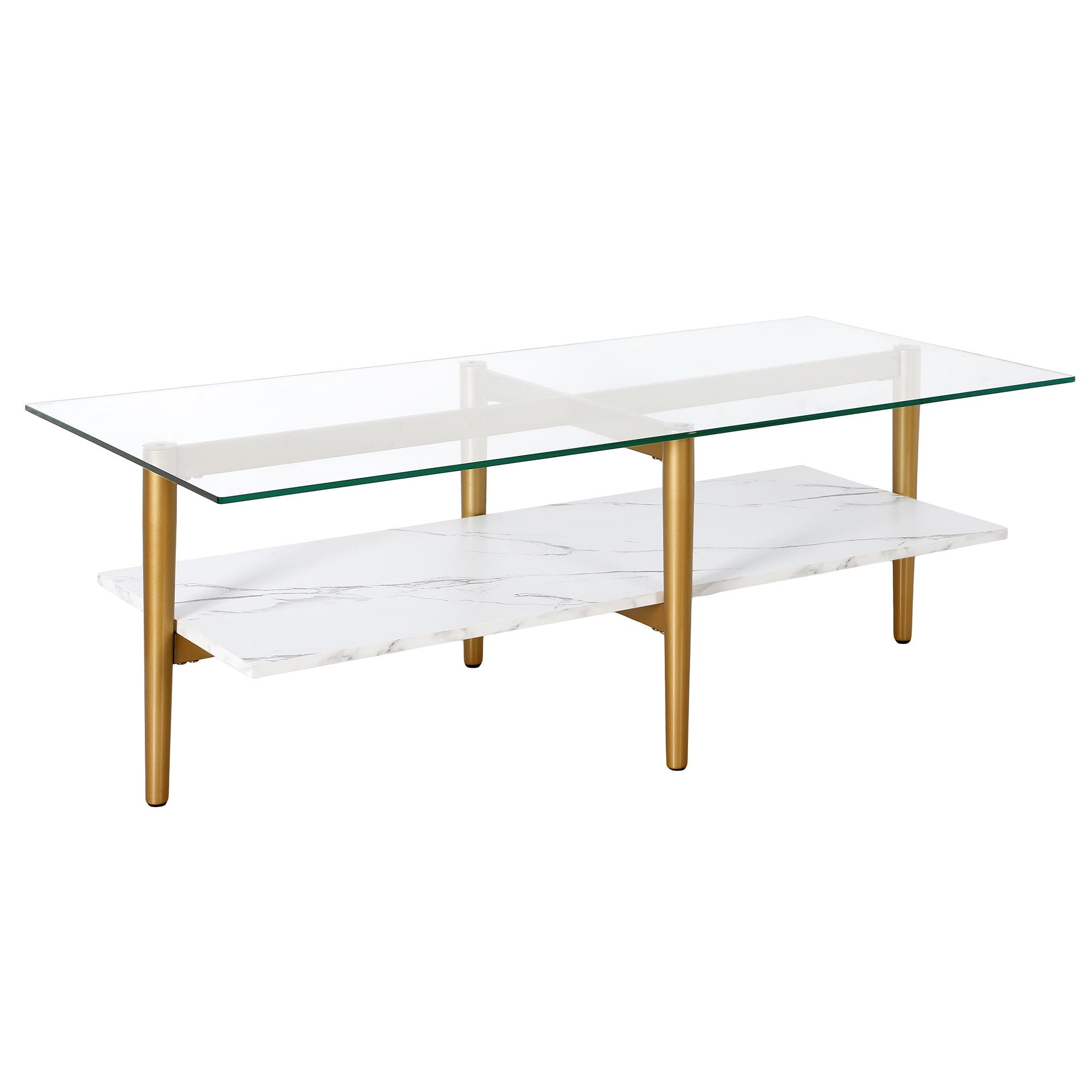 Otto 47" Brass Rectangular Coffee Table with Faux Marble Shelf