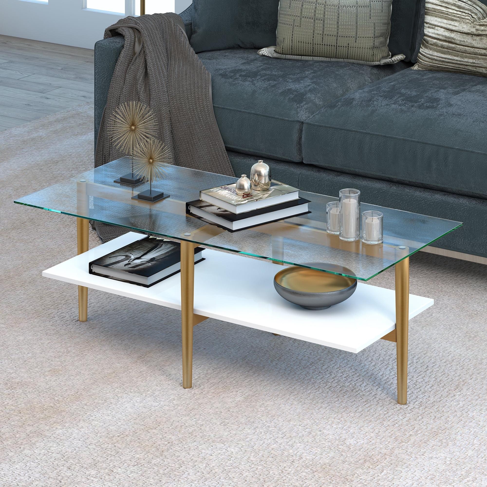 Mid-Century 47" Brass and White Lacquer Coffee Table with Glass Top