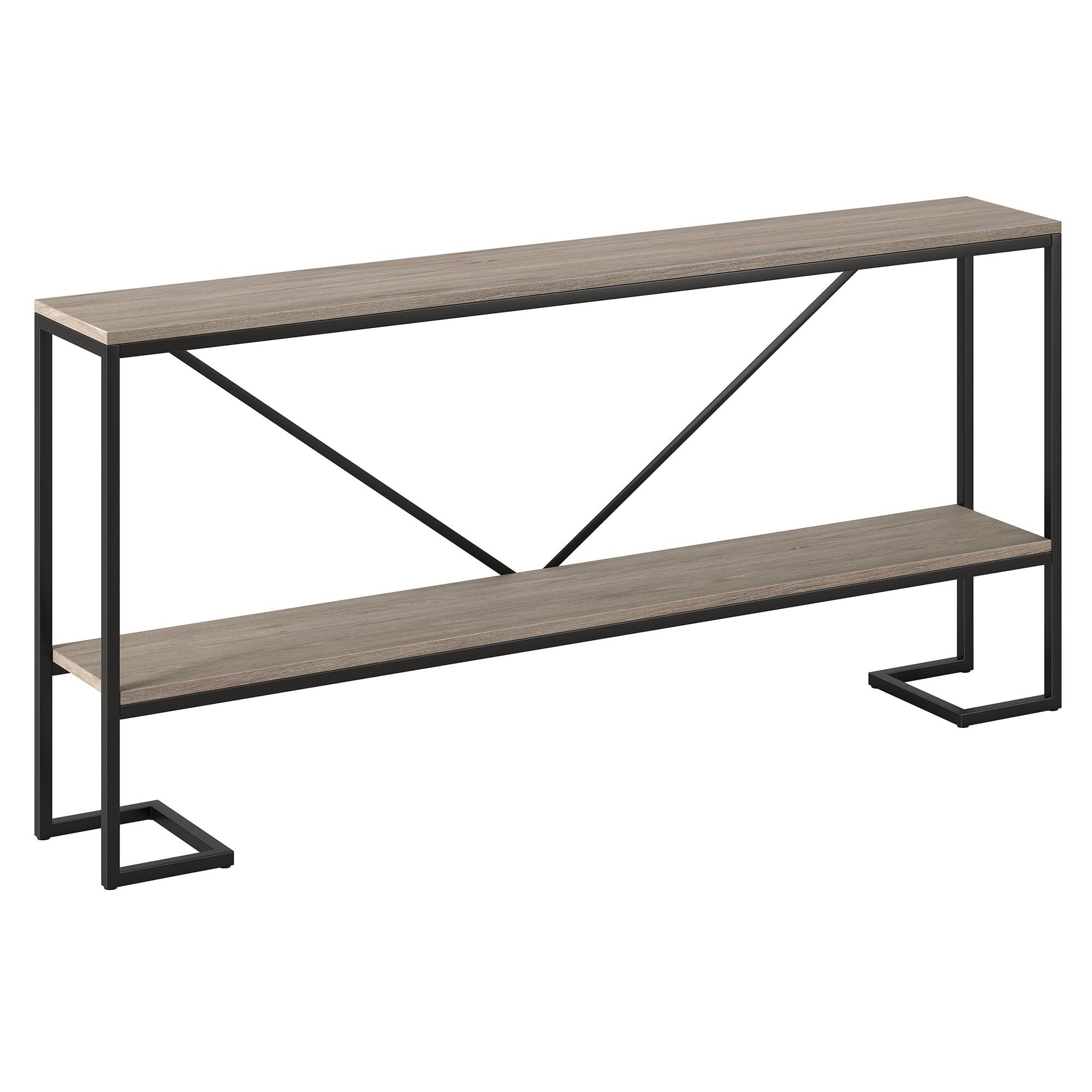 Farmhouse V-Back 64" Blackened Bronze & Antiqued Gray Oak Console Table with Shelf