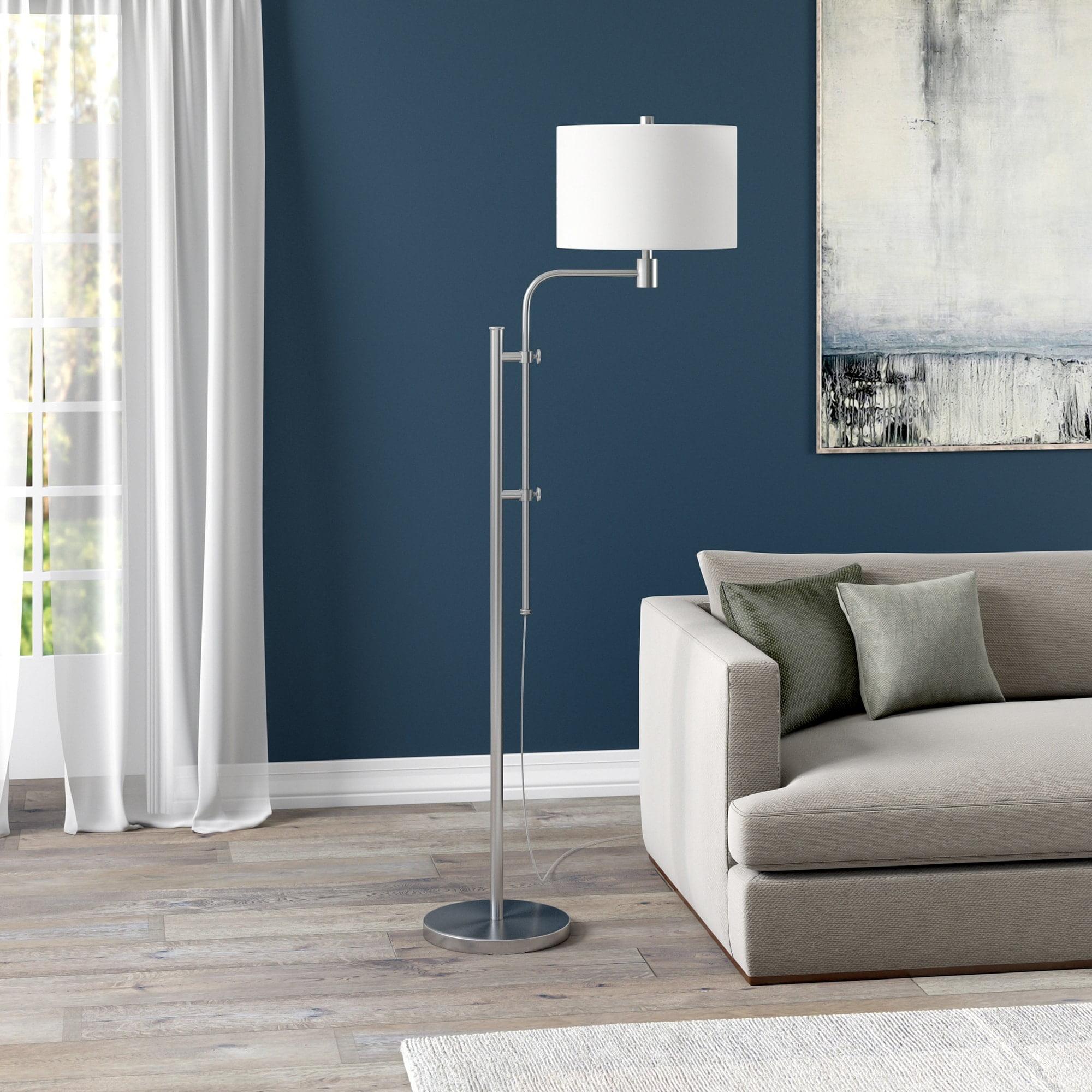 Evelyn&Zoe Polly Height-Adjustable Floor Lamp with Fabric Shade, Brushed Nickel/White