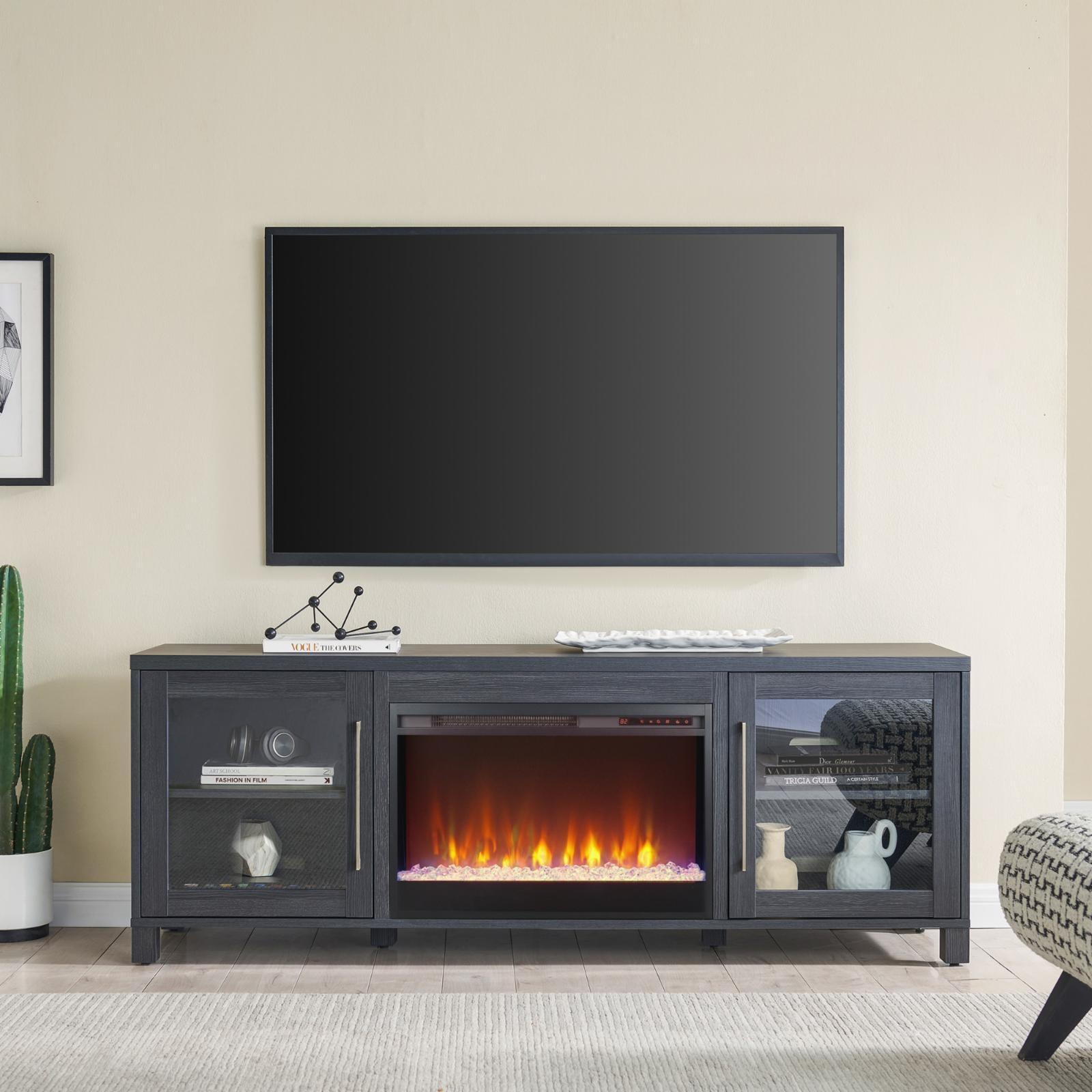 Quincy Transitional 70+ inch Metal TV Stand with Fireplace in Charcoal Gray