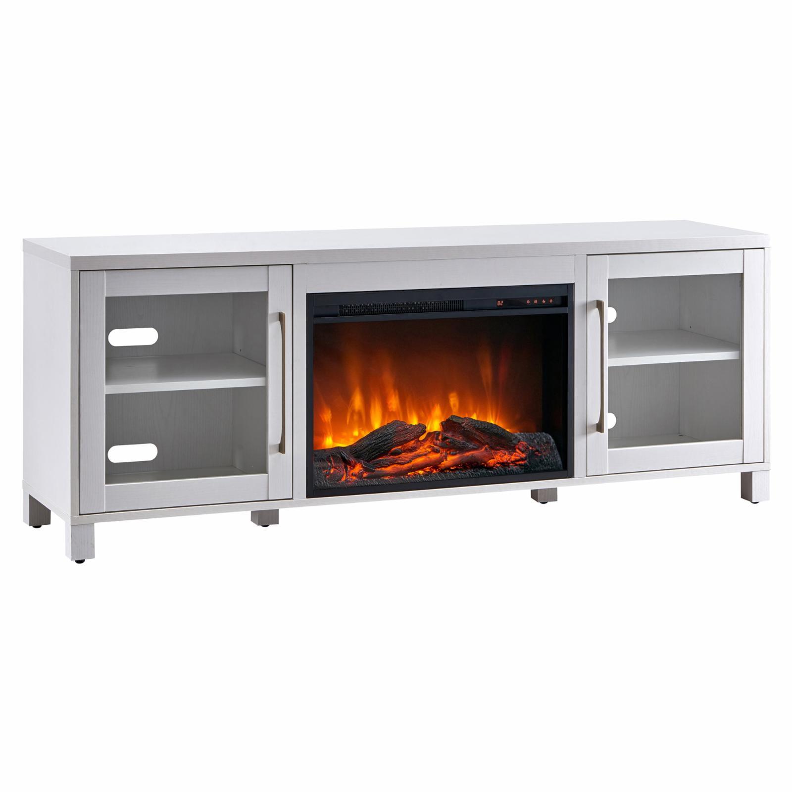 Quincy White 68" Transitional Metal TV Stand with Integrated Fireplace