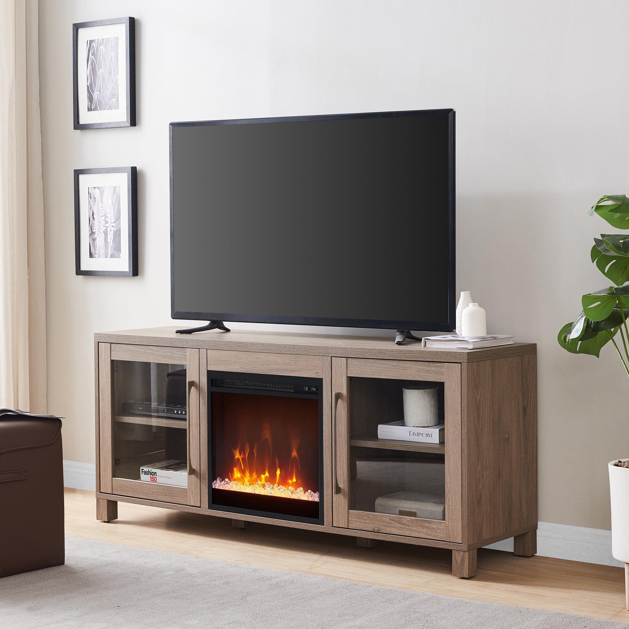 Antiqued Gray Oak TV Stand with Fireplace and Cabinets