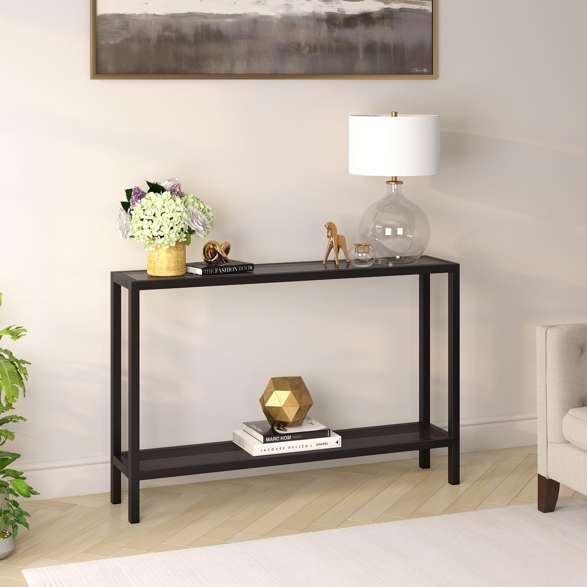 Evelyn&Zoe 46" Blackened Bronze Metal & Glass Console Table with Storage