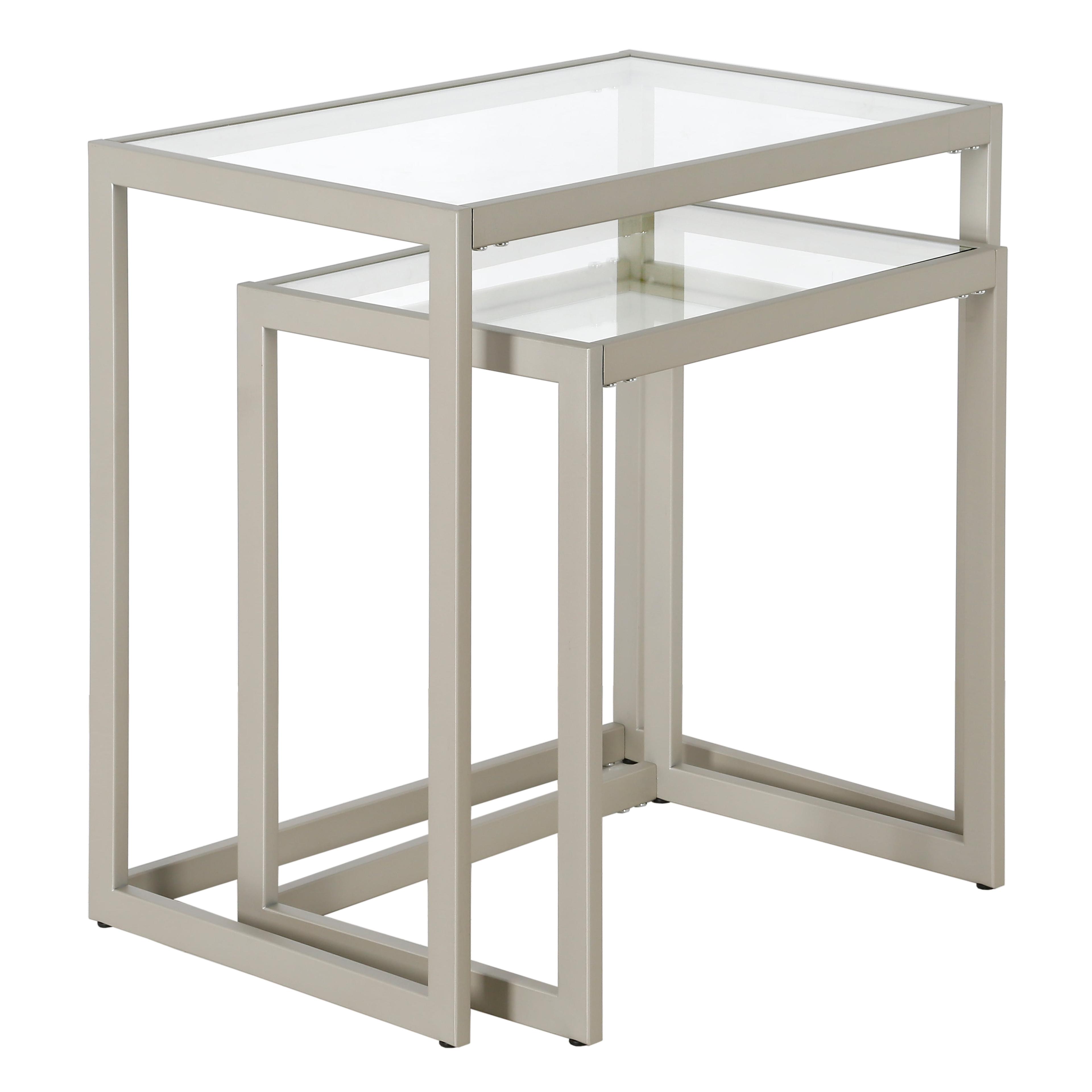 Satin Nickel Rectangular Nested Side Table with Tempered Glass Top