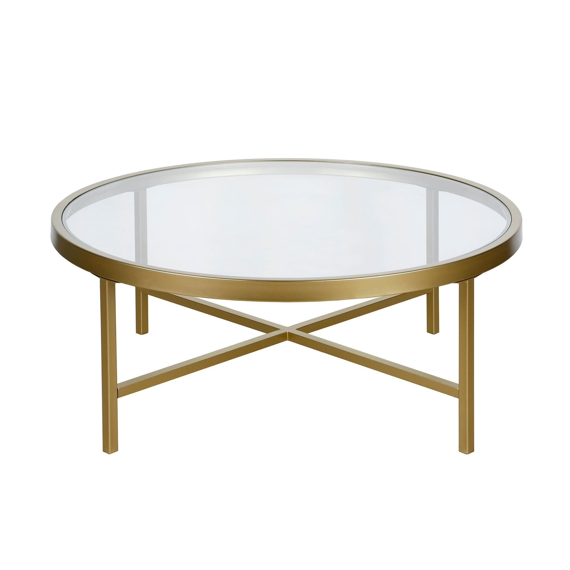 Evelyn&Zoe Round Metal Base Coffee Table in Brass and Gold