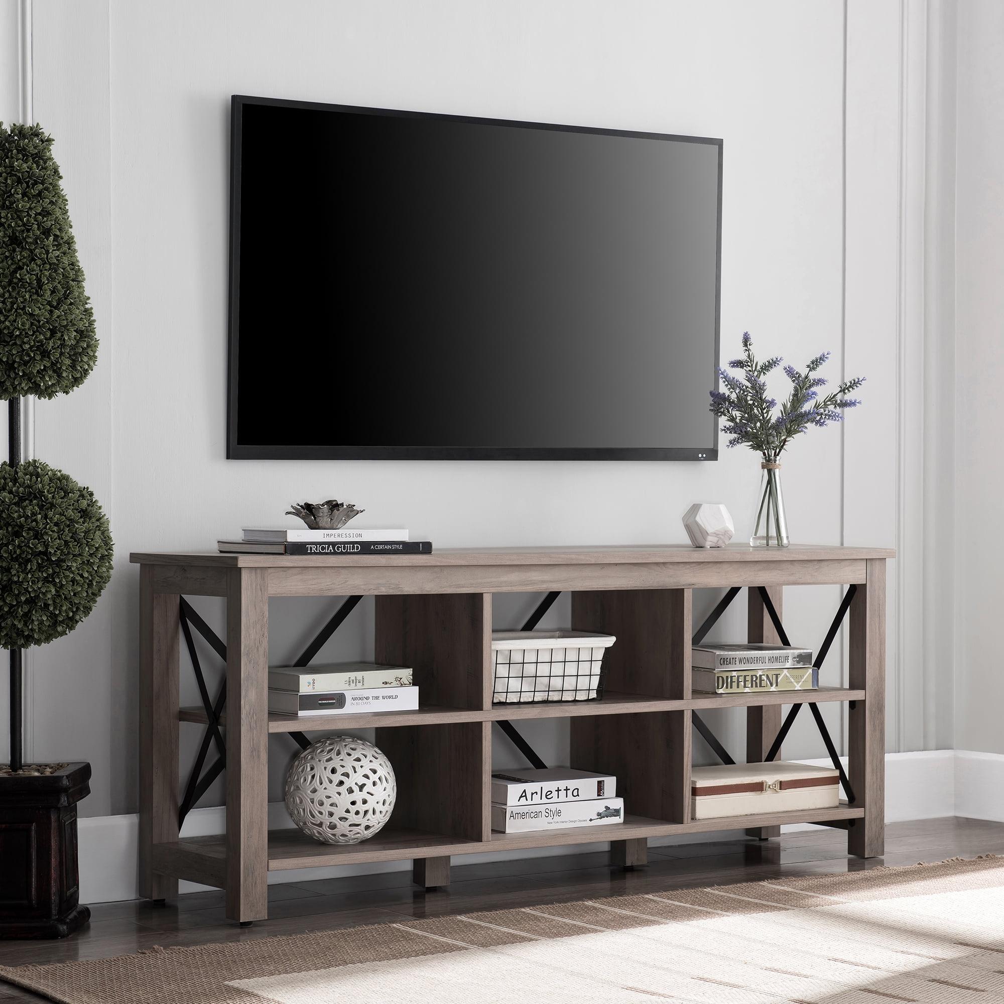 Sawyer Modern Farmhouse 58" TV Stand in Gray Oak with Black Metal Accents