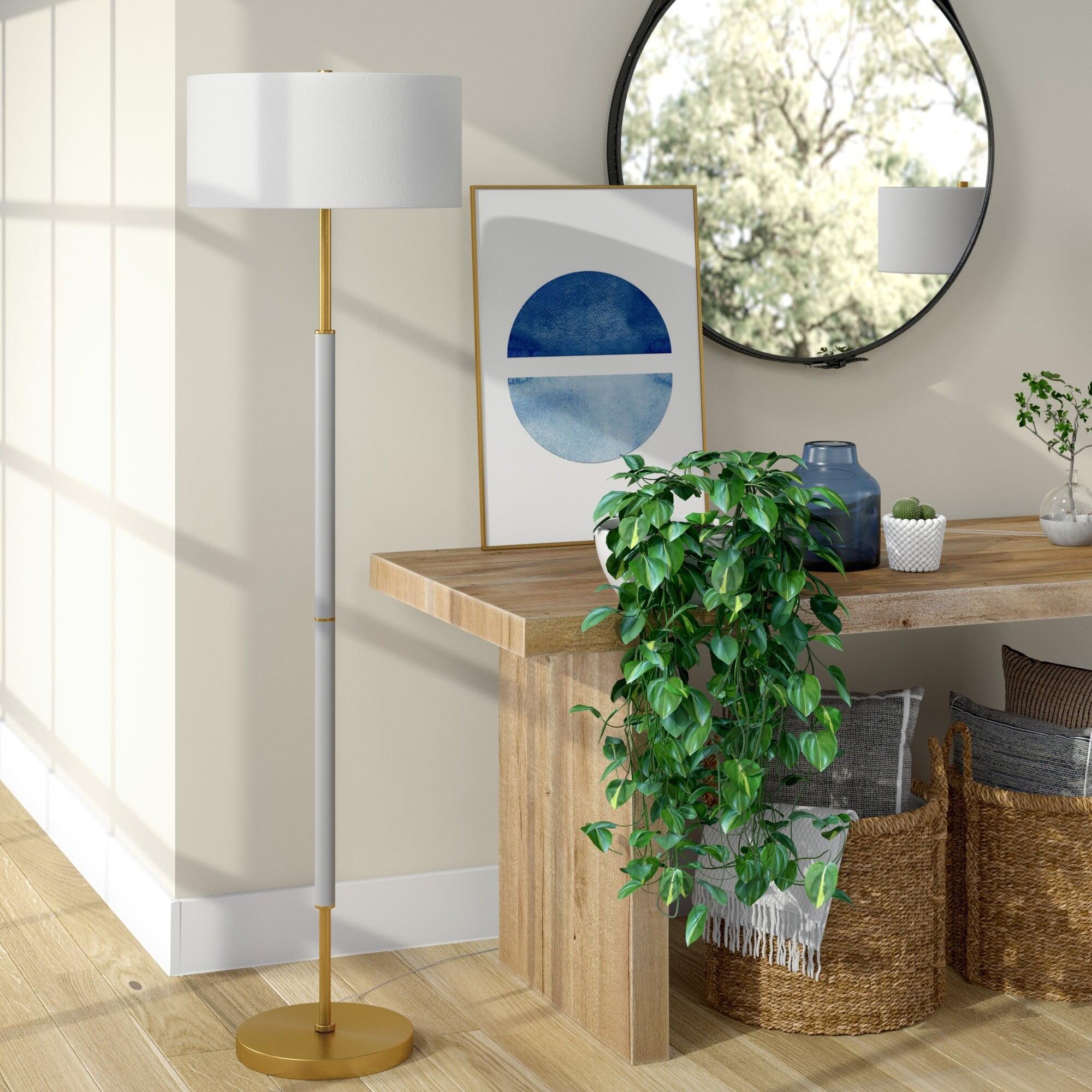 Evelyn&Zoe Simone 2-Light Floor Lamp with Fabric Shade, Cool Gray/Brass/White