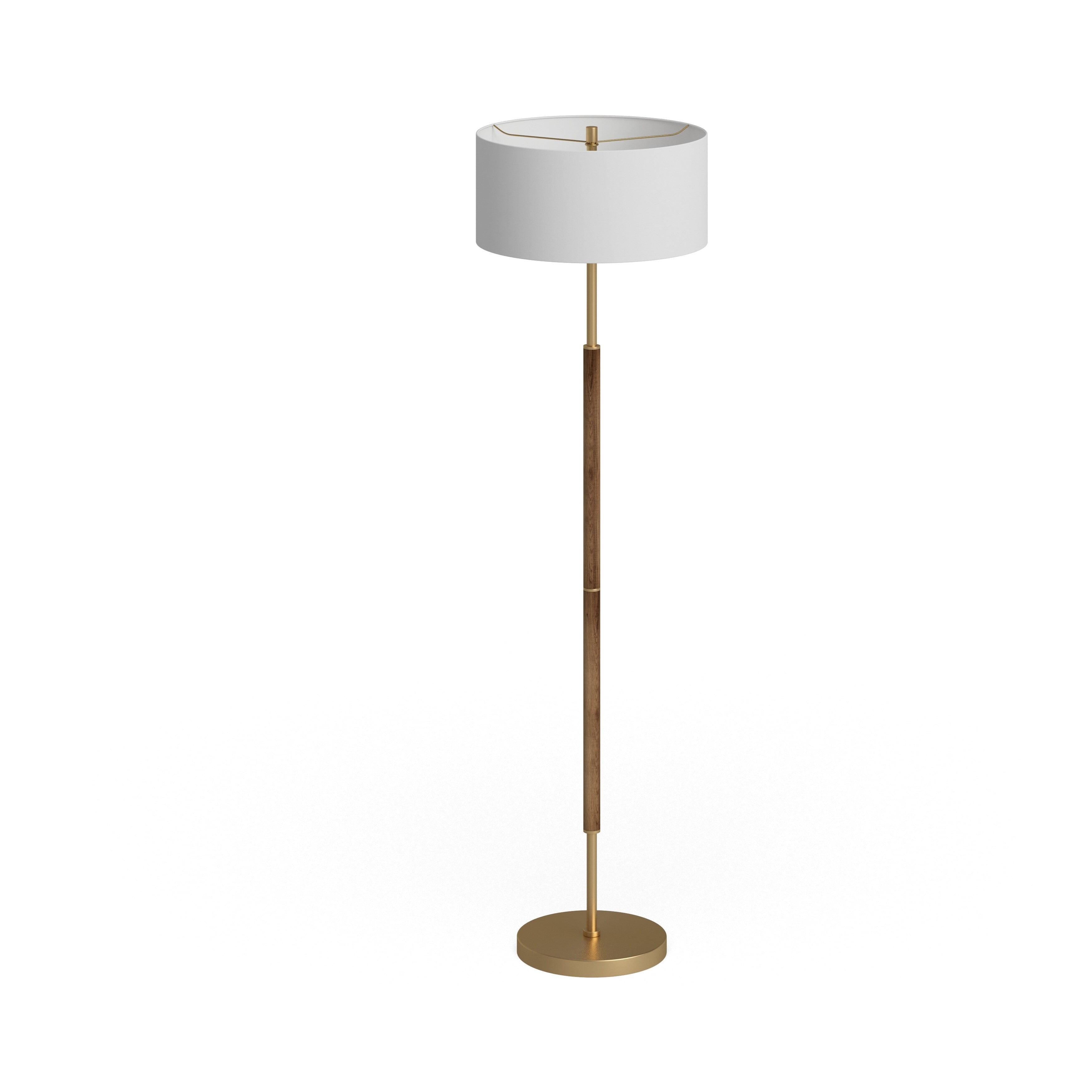 Evelyn&Zoe Simone 2-Light Floor Lamp with Fabric Shade, Rustic Oak/Brass/White