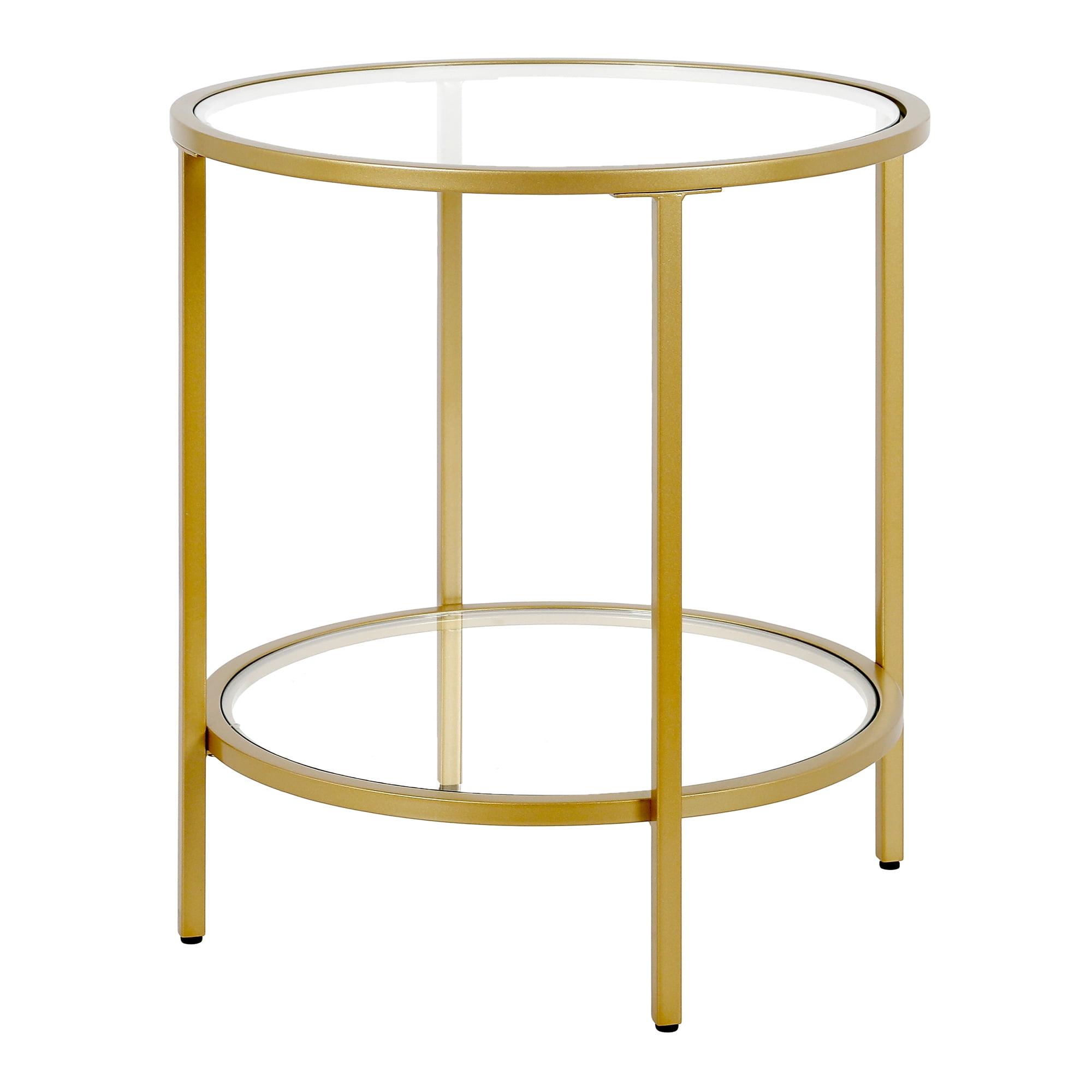 Evelyn&Zoe Sivil 20" Wide Round Side Table with Glass Shelf, Brass