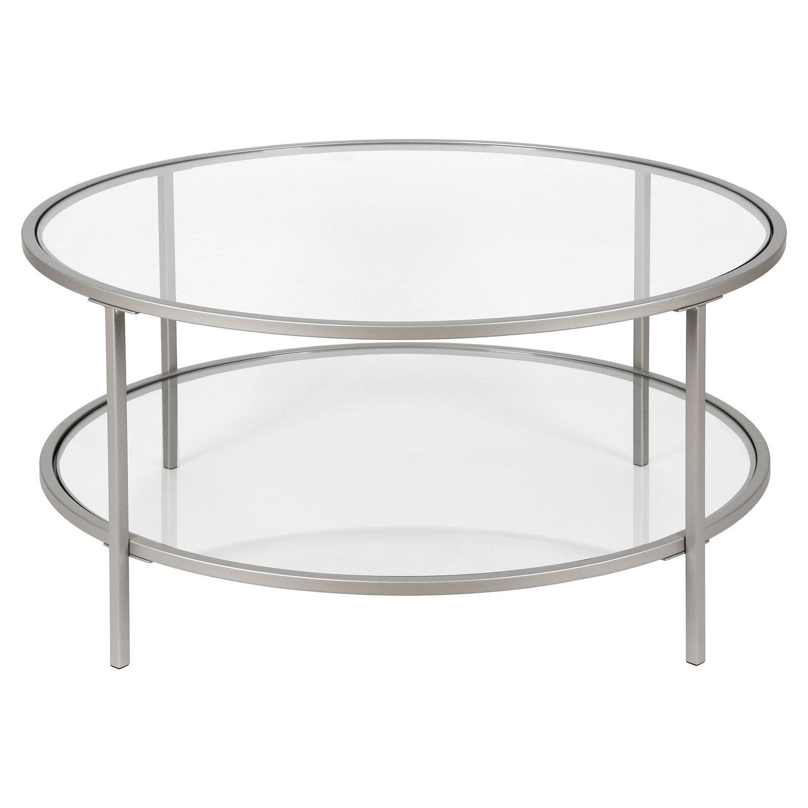 Round Nickel and Glass Coffee Table with Shelf