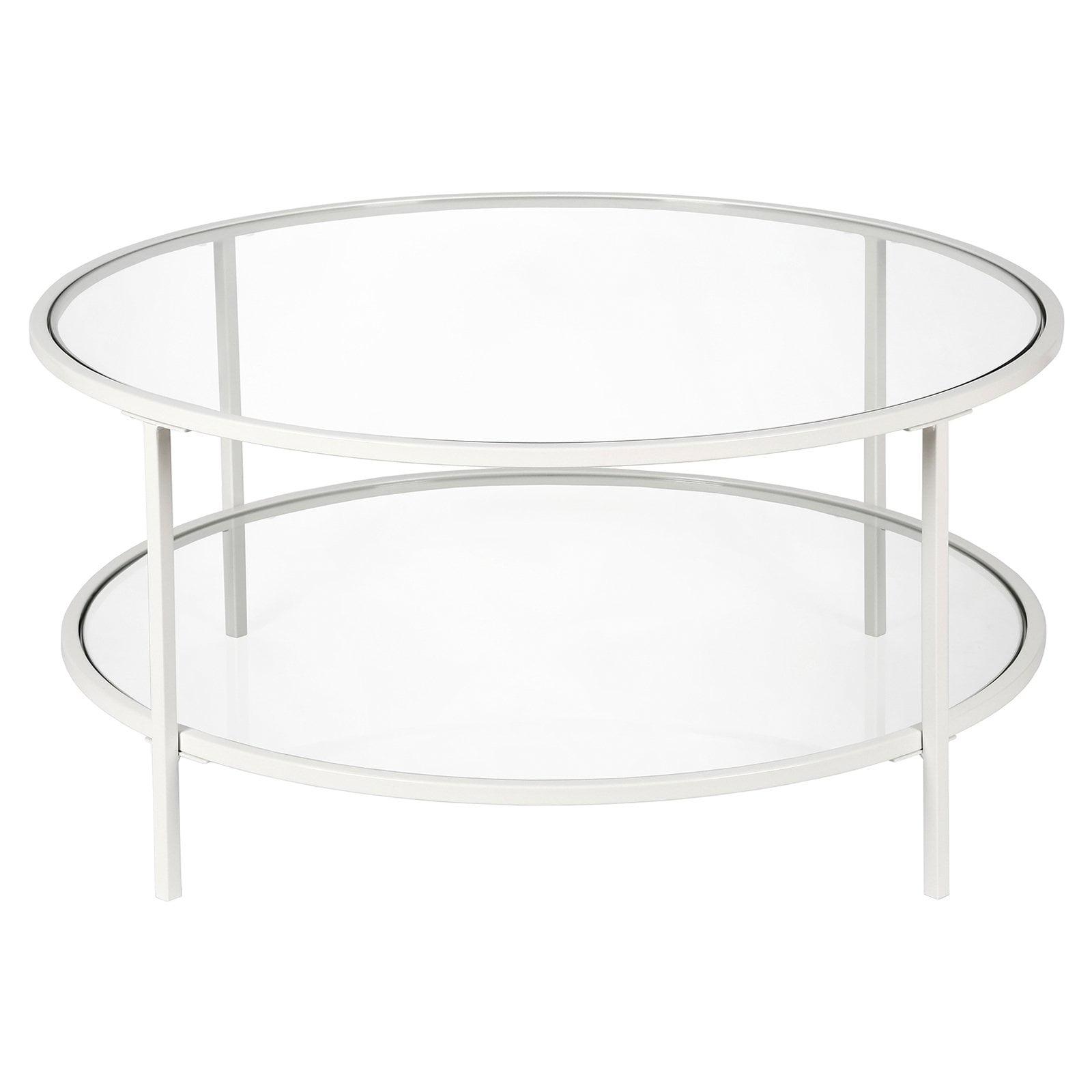 White Round Glass Coffee Table with Shelf