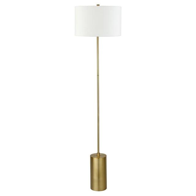 Evelyn&Zoe Somerset 64" Tall Floor Lamp with Drum Fabric Shade, Brass/White