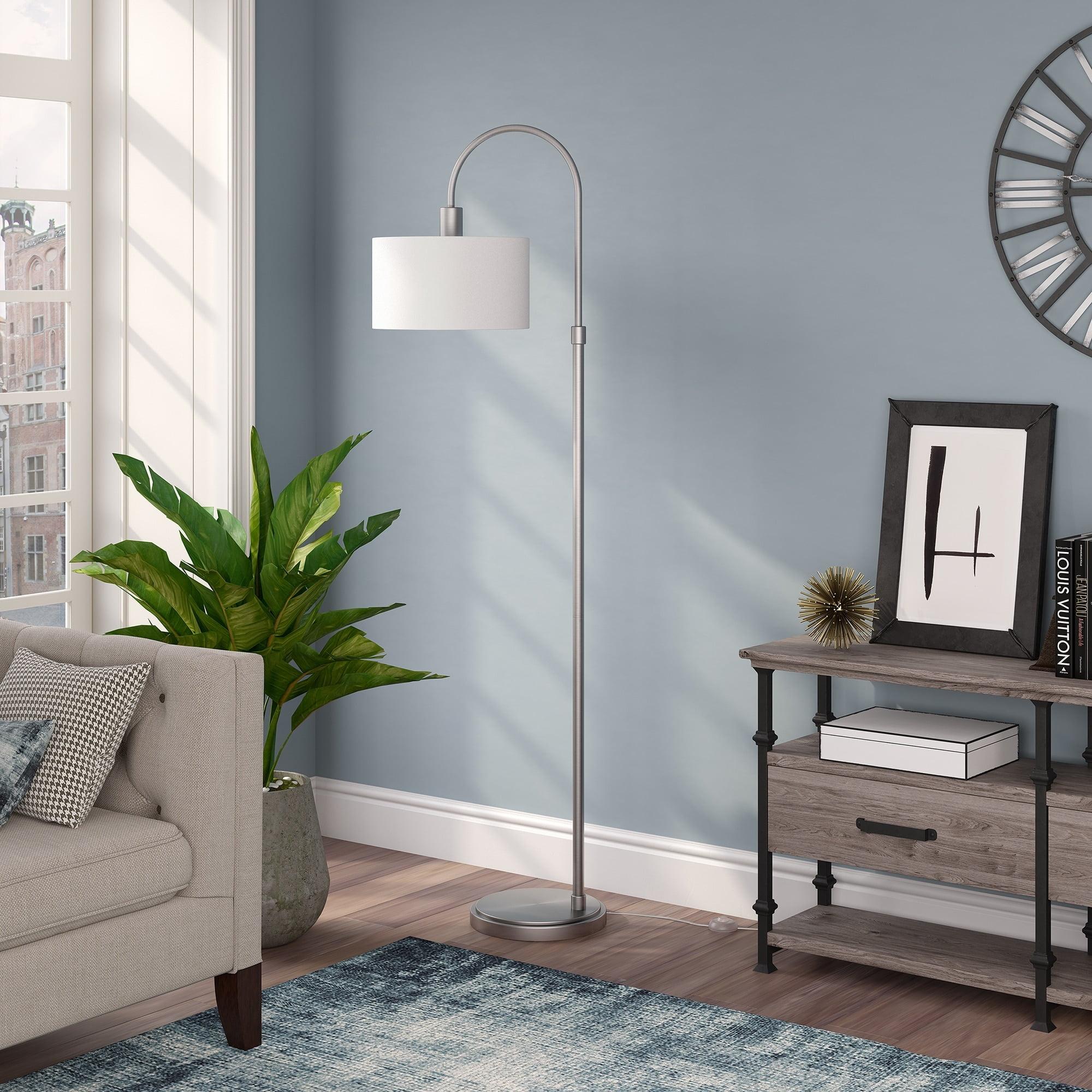 Evelyn&Zoe Veronica 70" Tall Arc Floor Lamp with Fabric Shade, Brushed Nickel/White