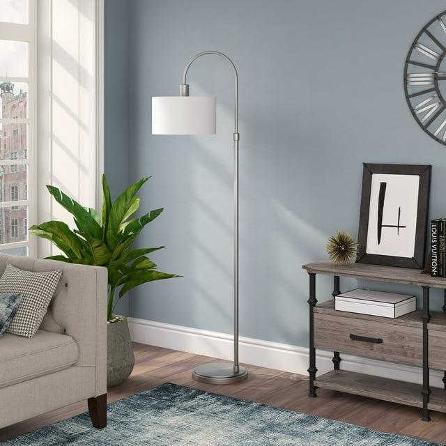 Evelyn&Zoe Veronica 70" Tall Arc Floor Lamp with Fabric Shade, Brushed Nickel/White