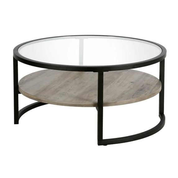 Evelyn&Zoe Winston 34.75" Wide Round Coffee Table, Blackened Bronze/Gray Oak
