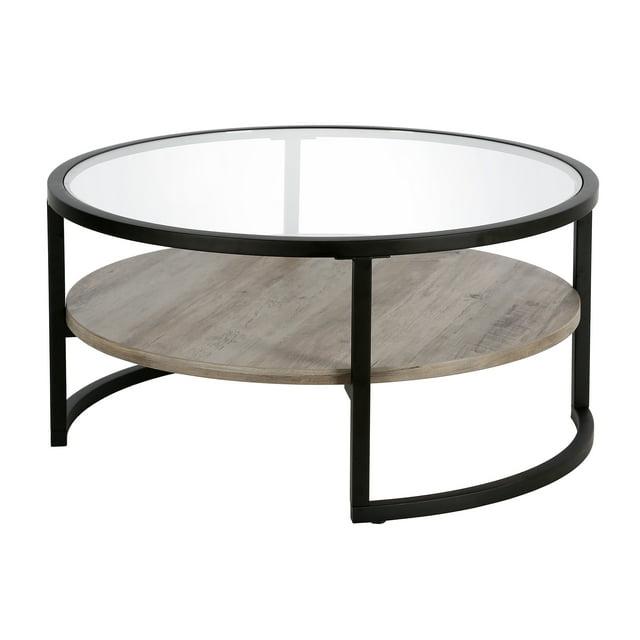 Evelyn&Zoe Winston 34.75" Wide Round Coffee Table, Blackened Bronze/Gray Oak