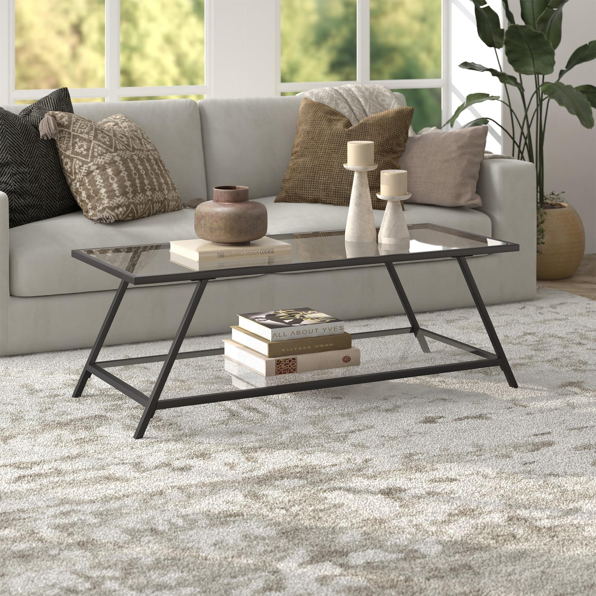 Yair 48" Glass And Steel Coffee Table With Shelf