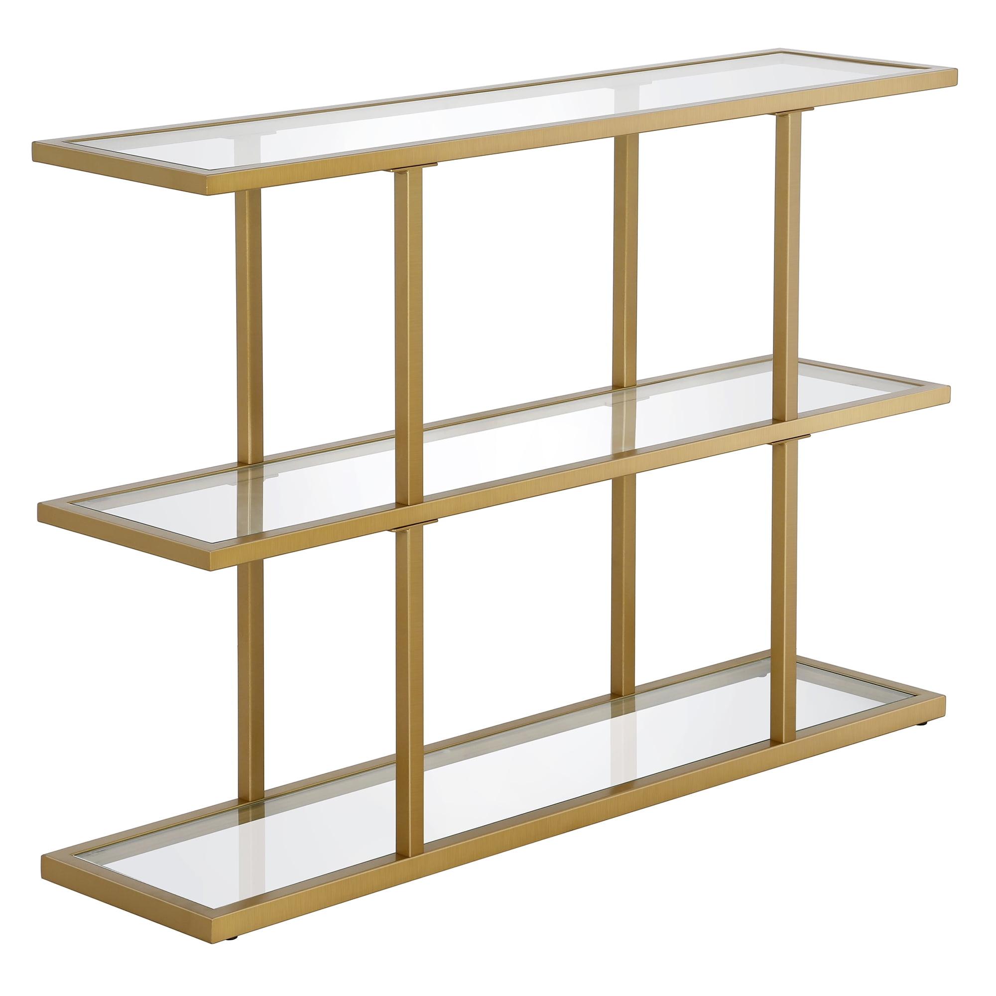 Cantilevered Brass & Tempered Glass Console Table with Triple Shelves