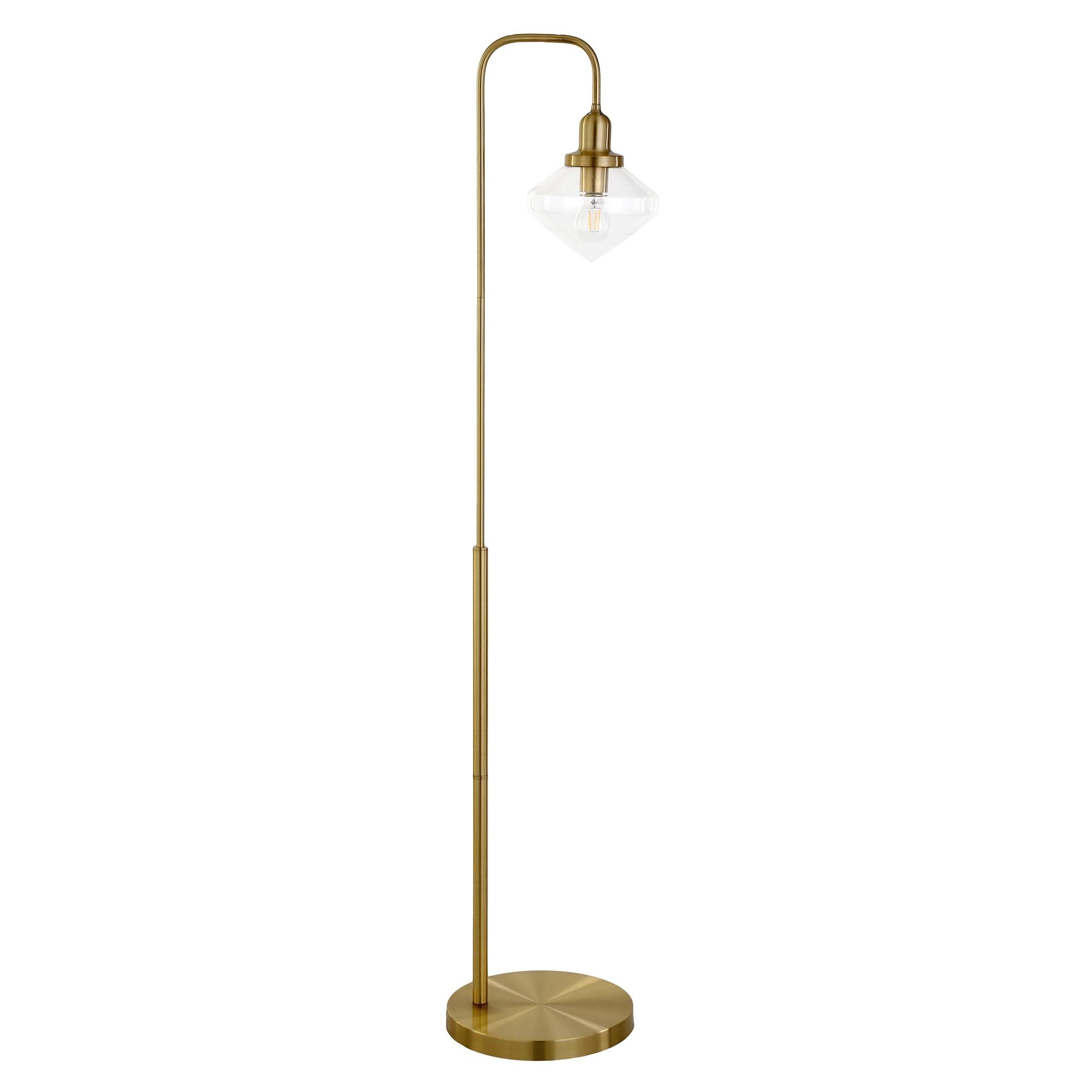 Evelyn&Zoe Zariza Arc Floor Lamp with Glass Shade, Brass/Clear