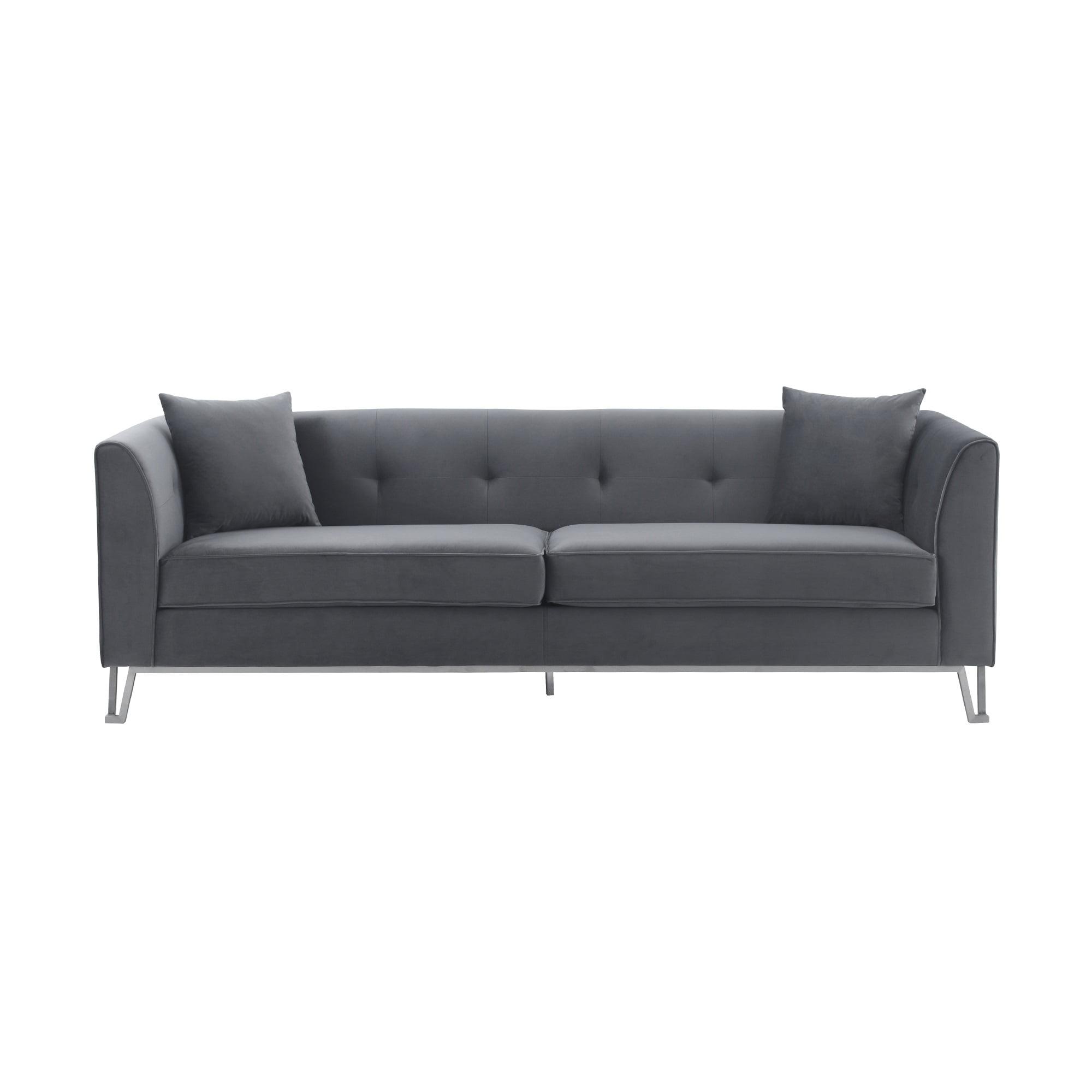 Elegant 90" Gray Leather Tufted Sofa with Wooden Accents