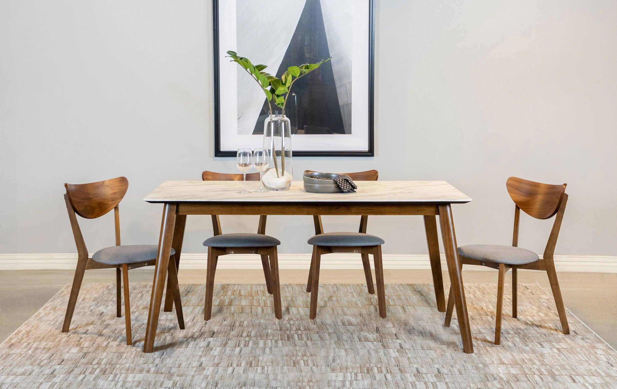 Light Brown Faux Marble Top Dining Table Set with 4 Chairs