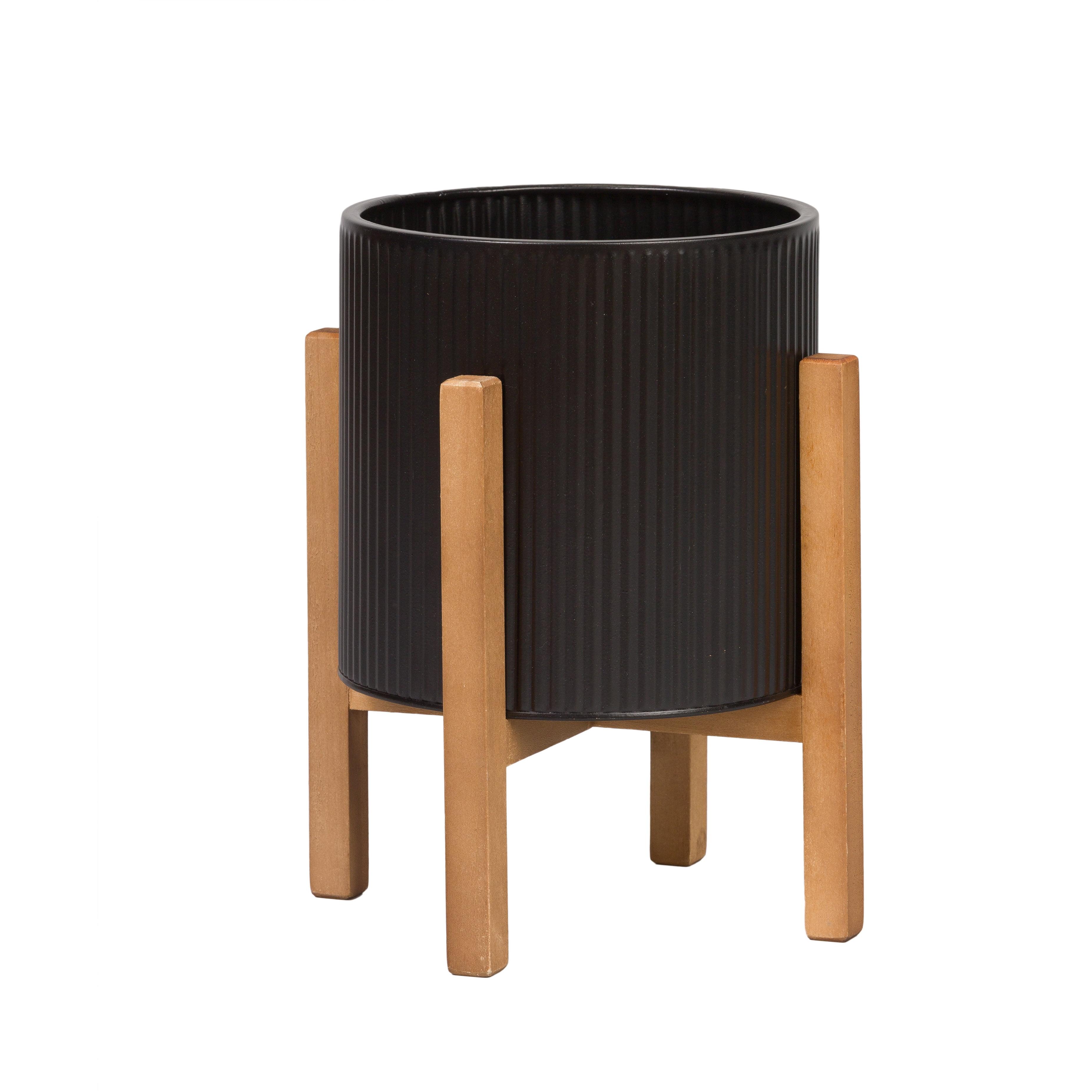 Everett Black Ribbed Metal Planter with 4-Leg Wood Base